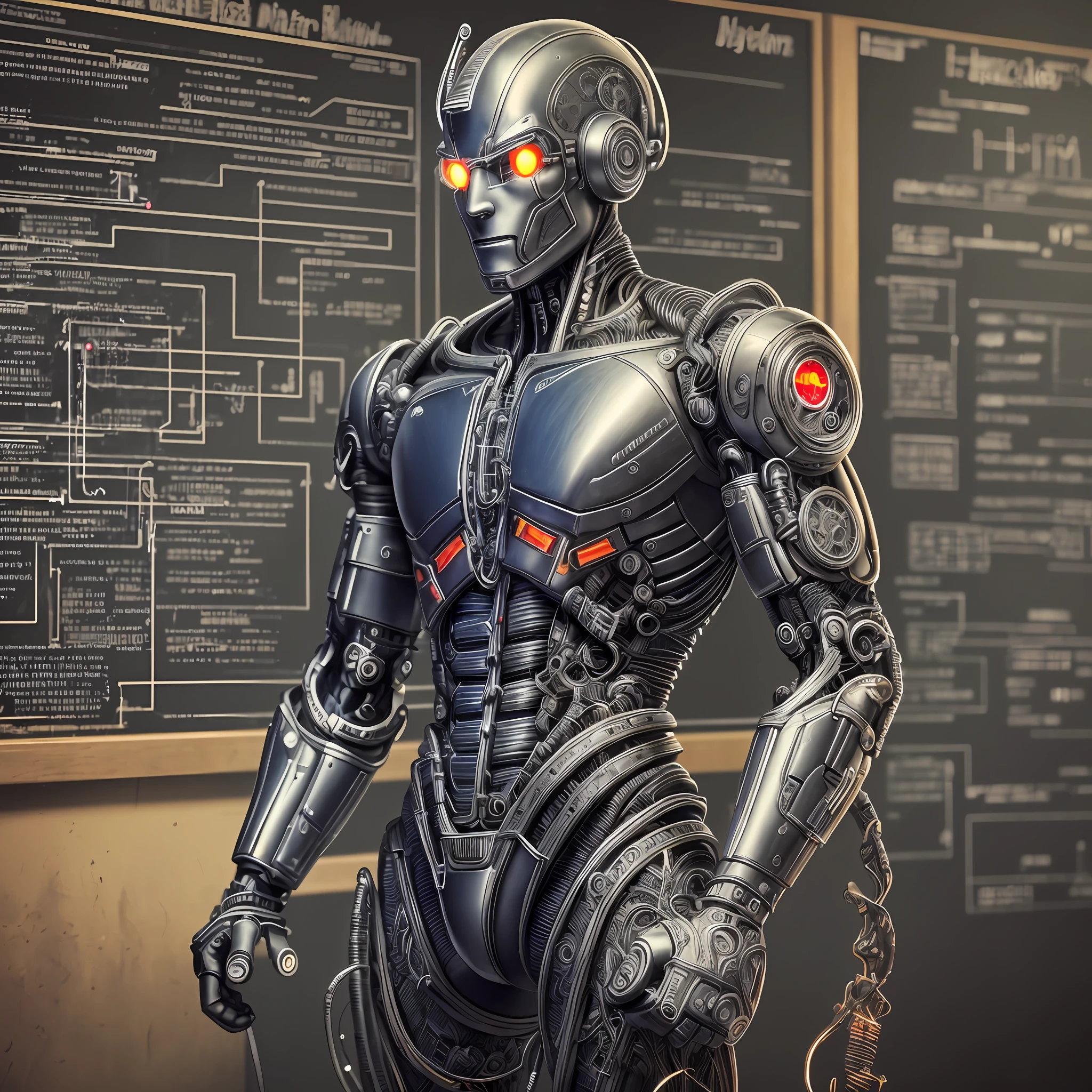 A teacher man with a cybernetic blackboard behind, (cyborg:1.1), ([tail | detailed wire]:1.3), (intricate details), HDR, (intricate details, hyperdetailed:1.2), cinematic shot, vignette, centered --auto --s2