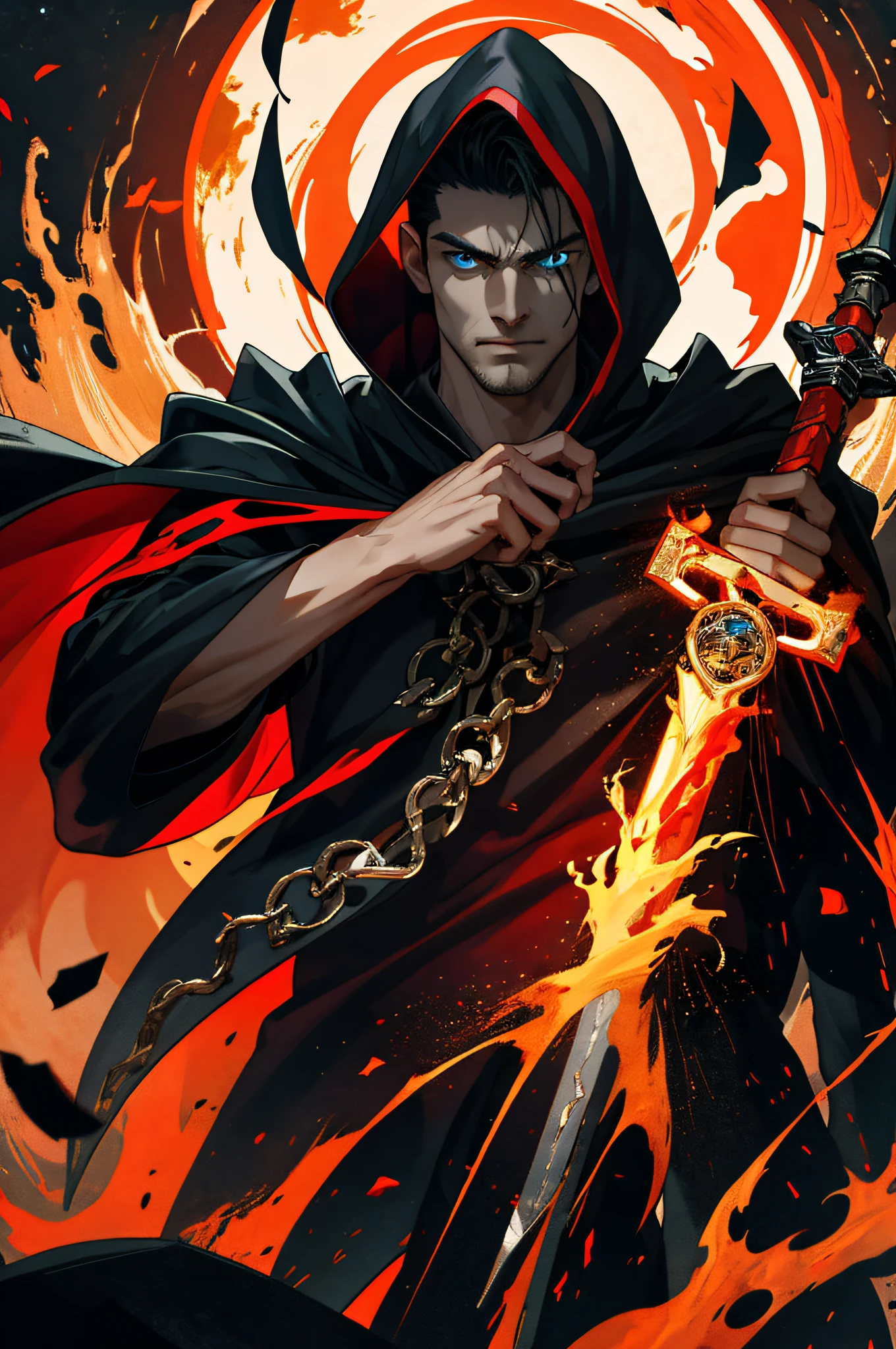 (absurdres, highres, ultra detailed), 1 male, holding fire sword, mature, aged up, handsome, tall muscular guy, broad shoulders, very short hair, undercut, aquamarine eyes, finely detailed eyes and detailed face, extremely detailed CG unity 8k wallpaper, intricate details, (style-swirlmagic:0.8), portrait, looking at viewer, solo, (full body:0.6), dynamic pose, detailed background, madness in eyes, hovering in the air, necromancer, evil to the core, red clouds, casting a spell, fireball, hooded dark robe, dark circlet, underworld, warhammer theme, bringer of the false light, dark clouds, floating pieces of dirt, decadence, evil energy emanating, dark aura, broken shackles, , cowboy shot