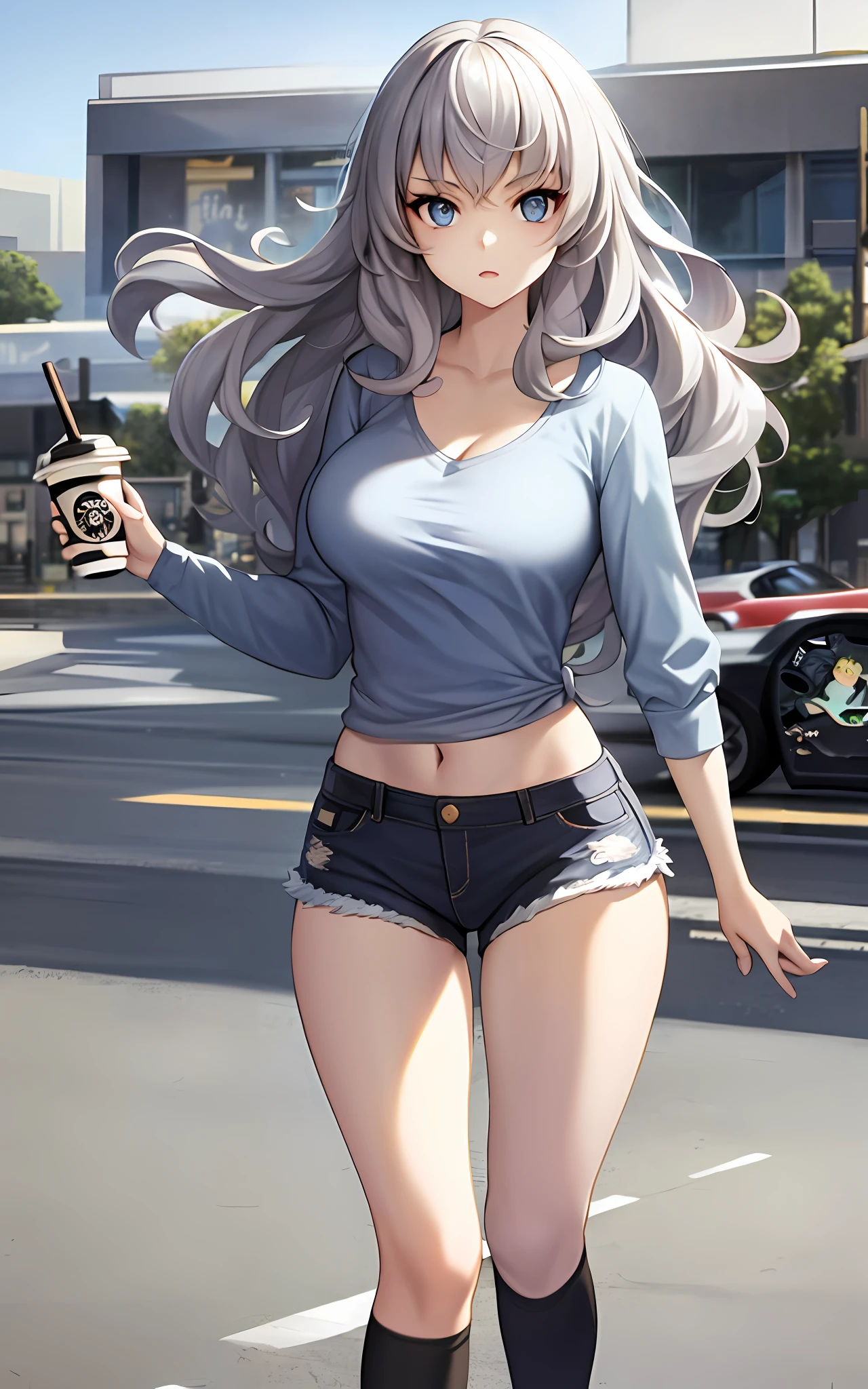 Girl, Solo, 23 years old, in the city, silver hair, blue eyes, wavy hair, sister's plain clothes (loose fluffy, summer clothes, hot pants), temple, starbucks, looking up at the sky, impossibly large breasts