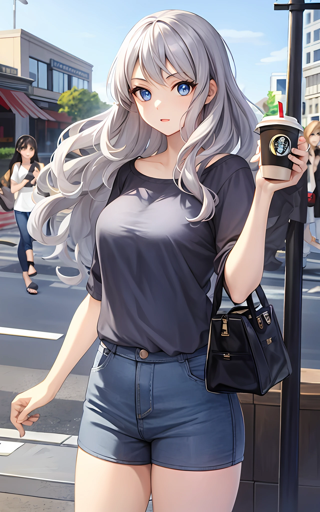 Girl, Solo, 23 years old, in the city, silver hair, blue eyes, wavy hair, sister's plain clothes (loose fluffy, summer clothes, hot pants), temple, starbucks, looking up at the sky, impossibly large breasts