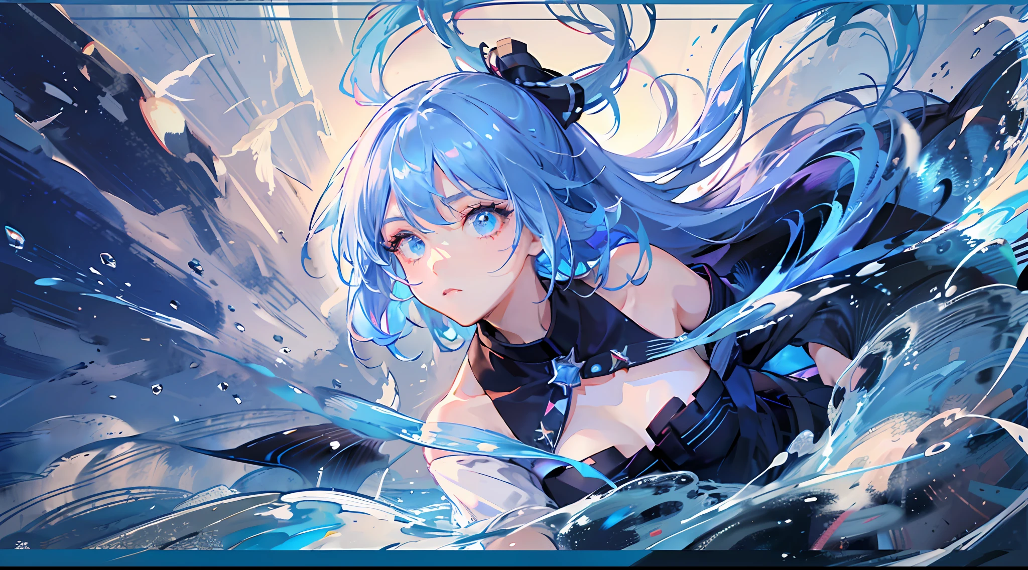 UHD, retina, ccurate, anatomically correct, textured skin, super detail, high details, high quality, best quality, highres, masterpiece, (extremely detailed), ((best quality)), (( masterpiece)),chiaroscuro, cinematic lighting, chromatic aberration, sparkle, jpeg artifacts, ray tracing, motion lines,eye detail, lens flare, movie poster, tarot frame, portrait in the middle, feature, negative space, solo, floating color net, multiple colors, floating drop, water magic, dappled sunlight, light, caustic, rainbow, beautiful detail halo, tilted back, cute emoji, small, eyelashes, light blue hair, long hair, head tilt, dynamic pose, asymmetric hair, laminated skirt, diagonal bangs, high double ponytail, long coat, flowing hair, abstract background, blue, upper body, thinking, blue pupils, jumping feathers, exposed shoulders, tights, white gloves, anime girls, anime art artwork, anime visuals of cute girls, blue watery eyes, Anime moe art style, childish face, splashing water droplets, eyes highlighted and bright, sparkling, concept art, facing the audience, pouting