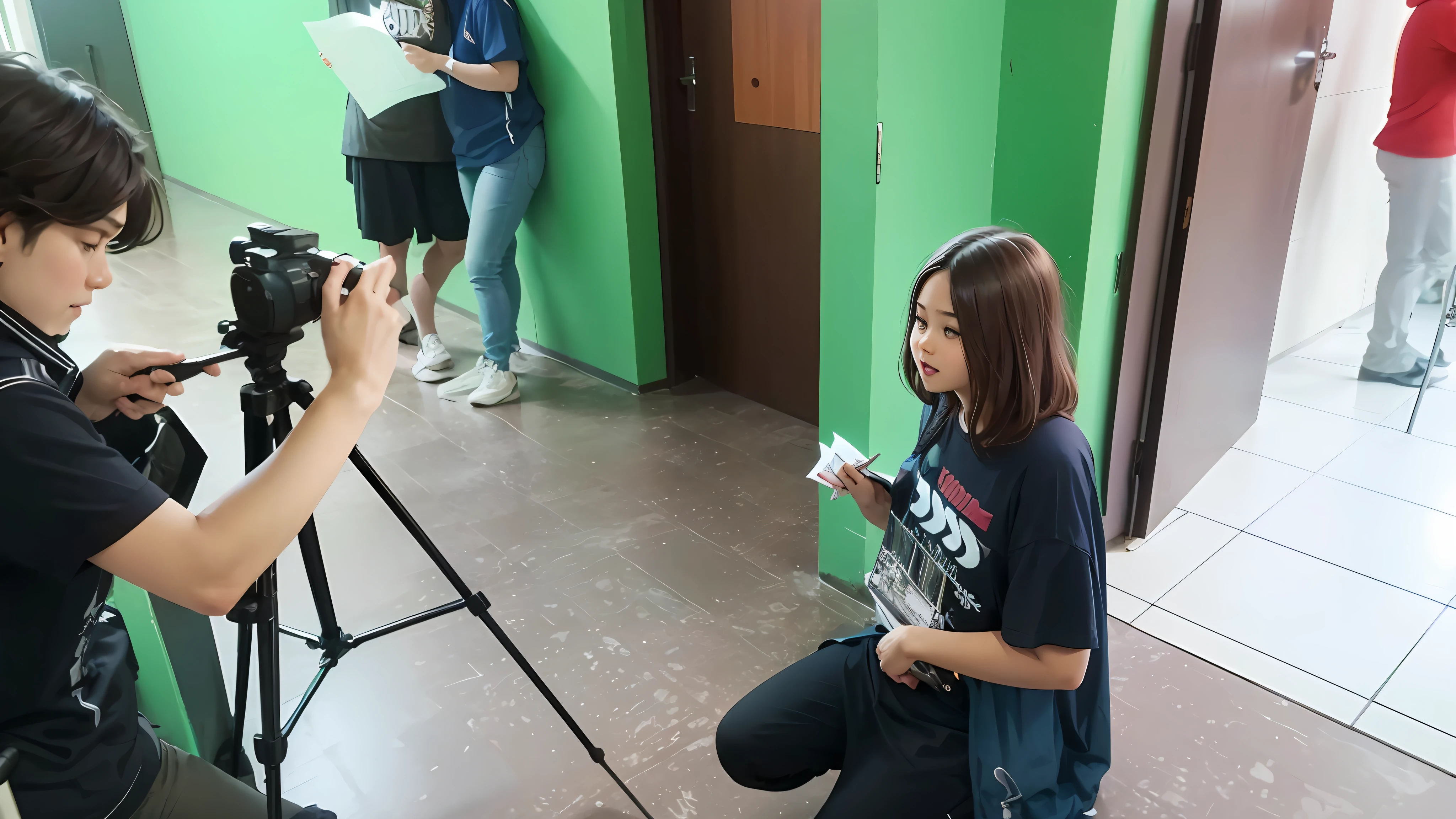 "Describe a scene where two students are acting, a love scene in a school. The image shows a makeshift film set in the classroom, with students playing different roles. In the center of the scene, the two students are emotionally involved, representing a romantic scene. Around them, other students are acting as a production team. A student is holding a cell phone, filming the scene with enthusiasm. ther student holds a classic clapboard, ready to mark the beginning of the shot. There is also a student holding a microphone, capturing the audio of the scene carefully. In addition, some students are jotting down important information in notebooks, as if they were production assants. The atmosphere is one of animation and collaboration, with everyone working in harmony to create a unique film production. The classroom has turned into a magical setting where childrplore their creativity and have fun while learning about filmmaking and teamwork."