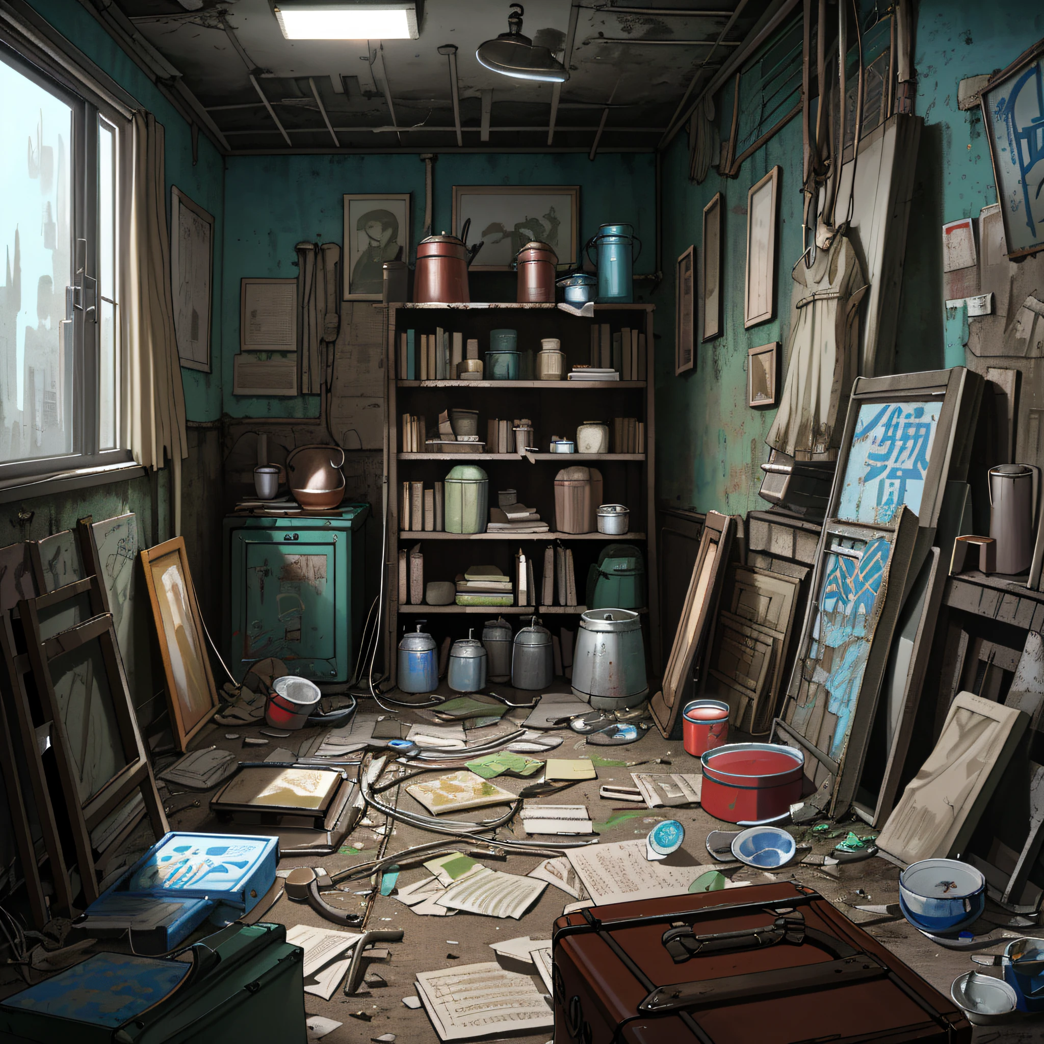 (best resolution),(masterpiece), (best shading), close-up of 1 open red suitcase full of clothes in an abandoned room with (dirt on the floor, some old torn papers, rusty cans, rusty shelves (with plastic containers, pots and tattered books), old posters broken on the walls, cracks on the walls, green mold on the surface, gray pipes on the walls, some cables pulled by the room, blue night light, dense fog, charged environment