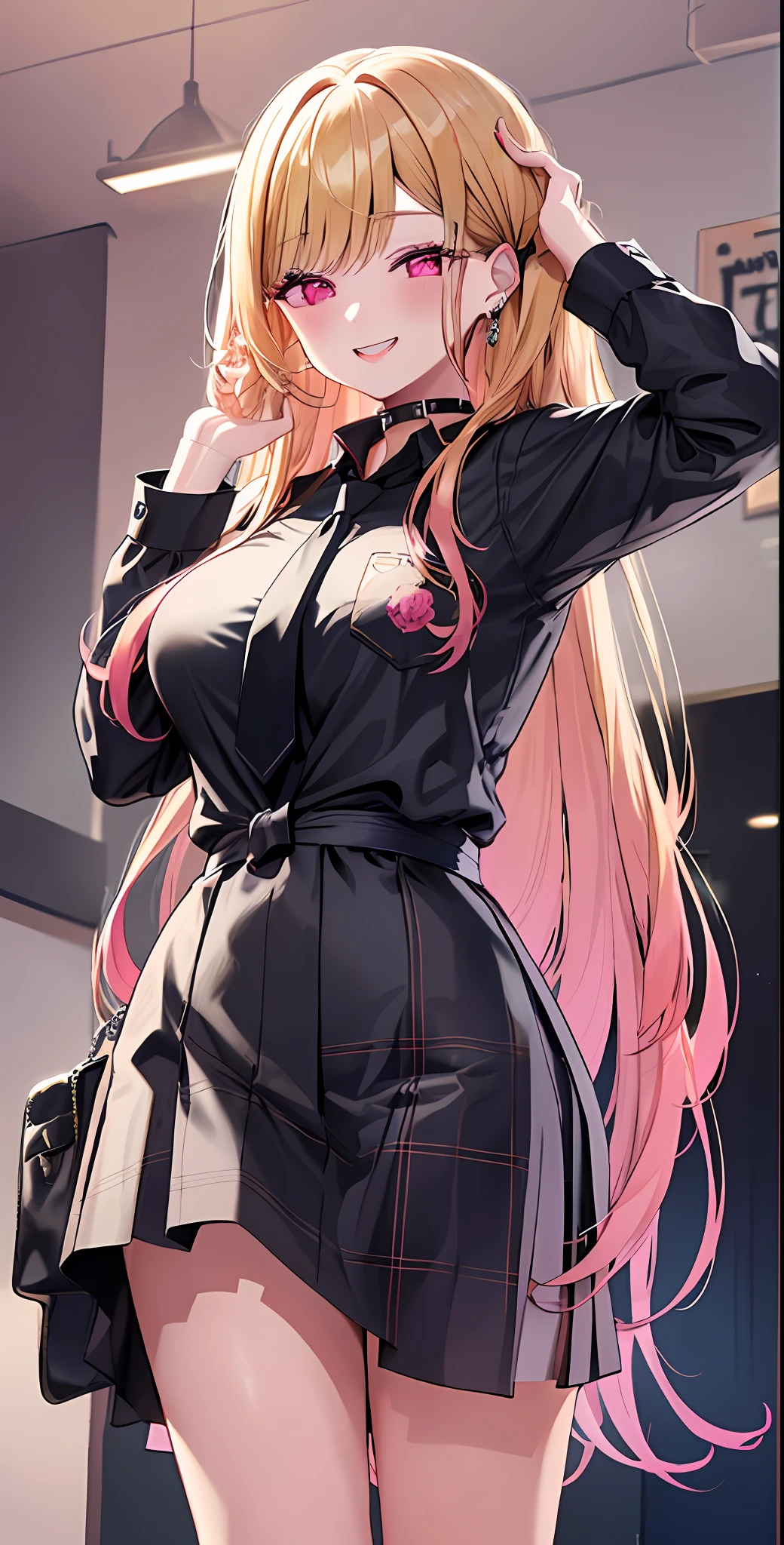 Marin Kitagawa is a slender and taller than average girl with fair skin
1
2
. She has dark brown eyes, but almost always wears dark pink contact lenses, outside of her cosplay appearances
3
. Her physique is rather thin, with a small waist
3
2
. Marin's hair is silky blonde, pink red or citrus orange at the tips and reaches about the hips
1
2
. Her forehead and eyebrows are mostly covered by her bangs, which extend to the beginning of her eyelashes
2
. Two strands of her hair flow down her shoulders and end near her chest region
1
.
Her school uniform consists of a white blazer with black lapels, a white vest with black buttons, a black shirt with a royal design, white pants, black shoes, a rainbow rose in her breast pocket and a white tie
4
5
.
As a cosplayer, Marin wears a variety of costumes and outfits designed and sewn by Gojo
3
. Some of her cosplay costumes include wigs to complement or alter her signature blonde hair
6
.
Overall, Marin Kitagawa is an eye-catching figure with her light hair, dark pink contact lenses, and slender figure. Their outfits vary depending on the situation and cosplay role, but their distinctive appearance remains unmistakable