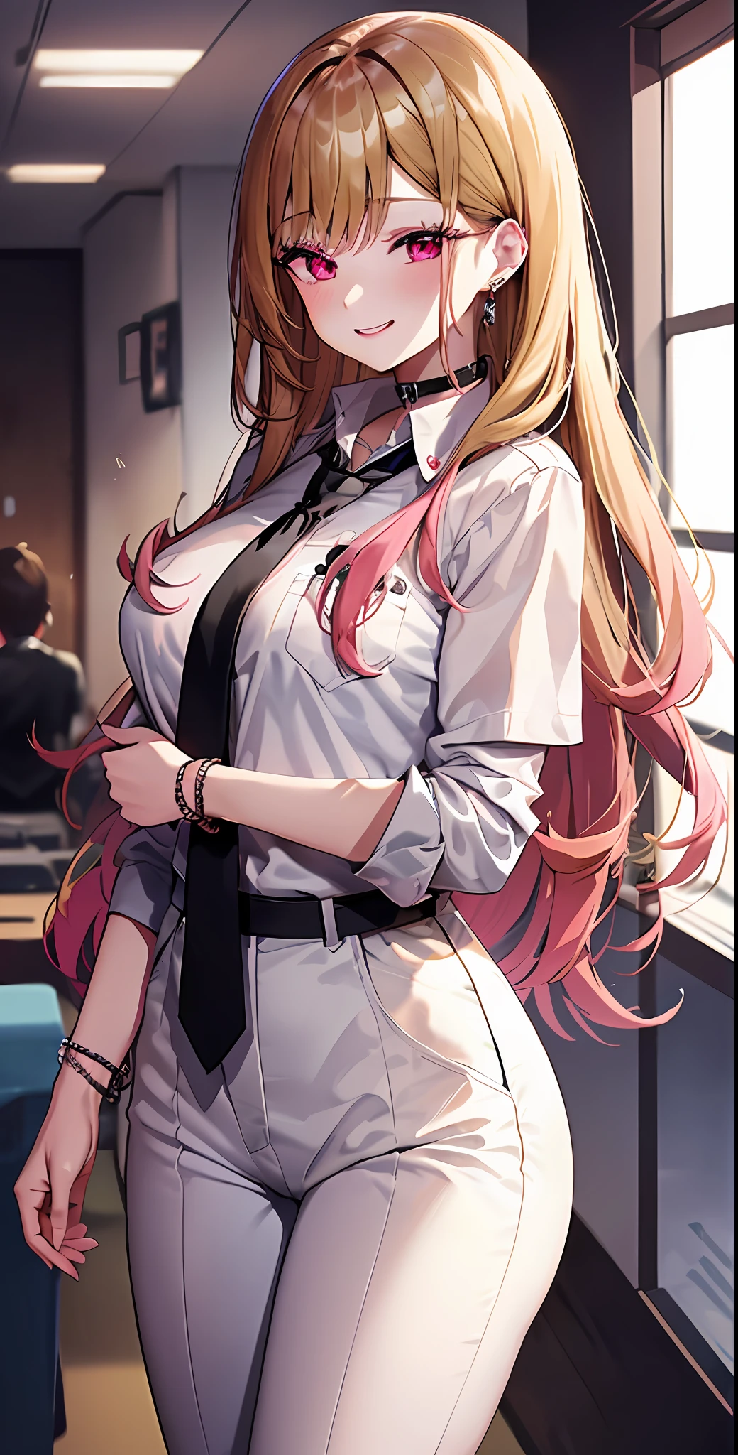 Marin Kitagawa is a slender and taller than average girl with fair skin
1
2
. She has dark brown eyes, but almost always wears dark pink contact lenses, outside of her cosplay appearances
3
. Her physique is rather thin, with a small waist
3
2
. Marin's hair is silky blonde, pink red or citrus orange at the tips and reaches about the hips
1
2
. Her forehead and eyebrows are mostly covered by her bangs, which extend to the beginning of her eyelashes
2
. Two strands of her hair flow down her shoulders and end near her chest region
1
.
Her school uniform consists of a white blazer with black lapels, a white vest with black buttons, a black shirt with a royal design, white pants, black shoes, a rainbow rose in her breast pocket and a white tie
4
5
.
As a cosplayer, Marin wears a variety of costumes and outfits designed and sewn by Gojo
3
. Some of her cosplay costumes include wigs to complement or alter her signature blonde hair
6
.
Overall, Marin Kitagawa is an eye-catching figure with her light hair, dark pink contact lenses, and slender figure. Their outfits vary depending on the situation and cosplay role, but their distinctive appearance remains unmistakable