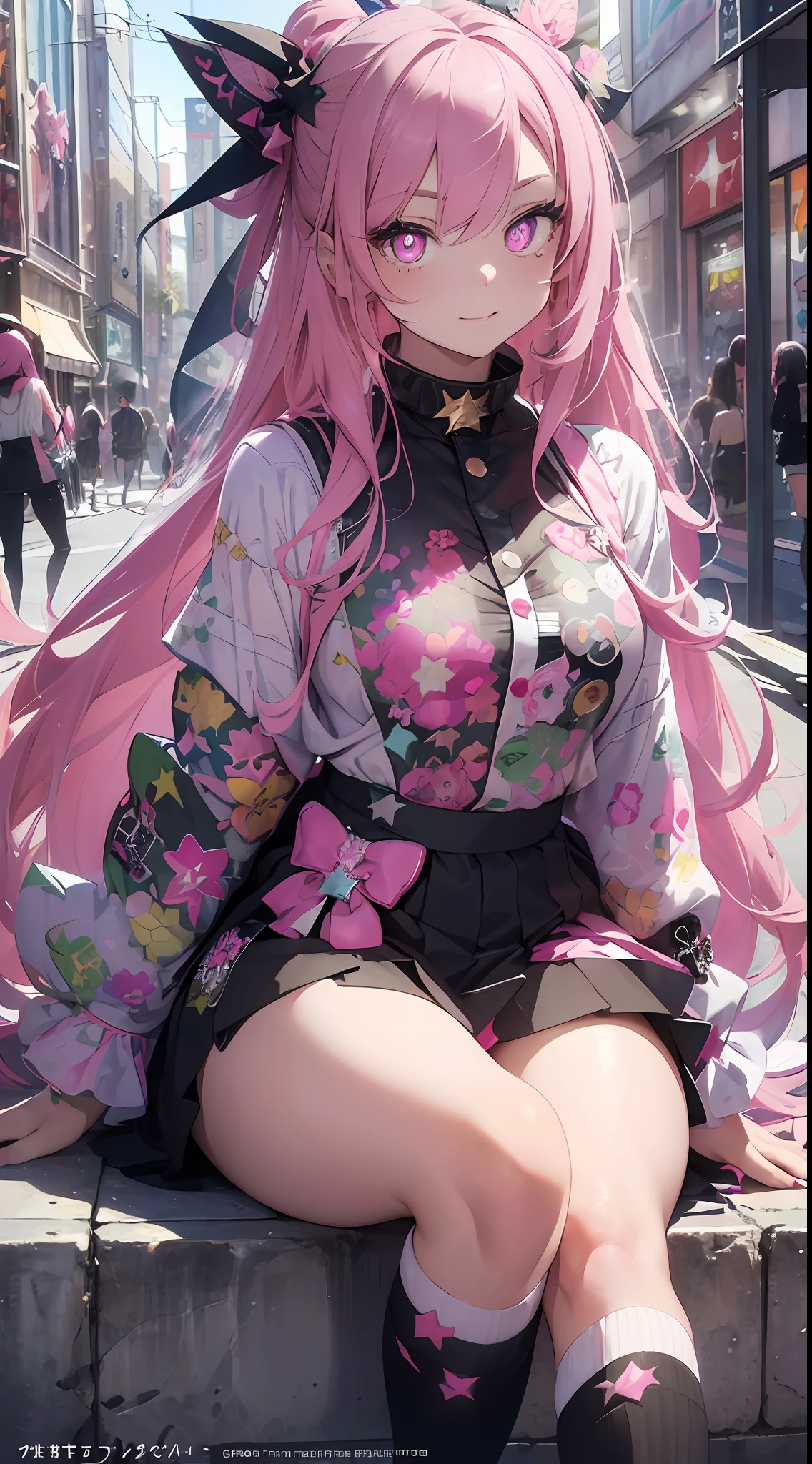 (((Masterpiece))) (1 girl) green eyes (pink hair, long hair, straight hair, both sides up), beautiful face, eyeshadow, eyeliner, glowing eyes, hyper detail eyes, complex eyes, beautiful eyes, detailed eyes, ((star-shaped pupils, glowing pink pupils)) 18 year old girls. ((Wearing Harajuku-style fashion)). Smiling, sitting in Harajuku