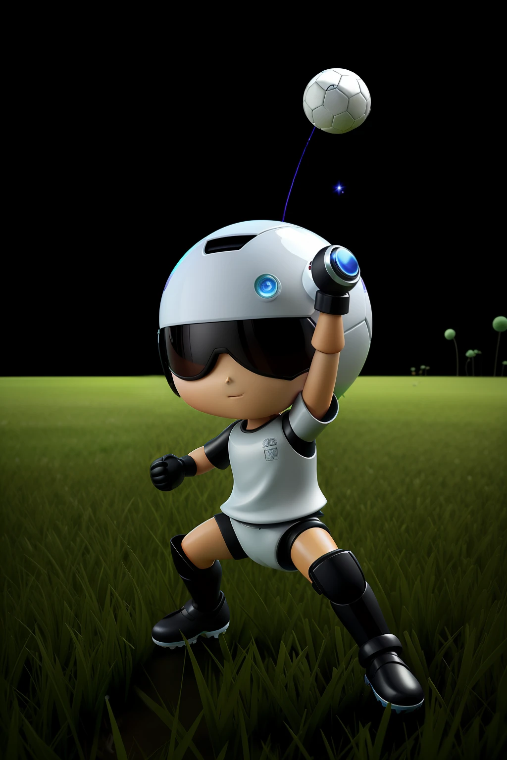 Cool, 3D Chibi Robo kicking a soccer ball, the background is a grass ground, ecosystem,