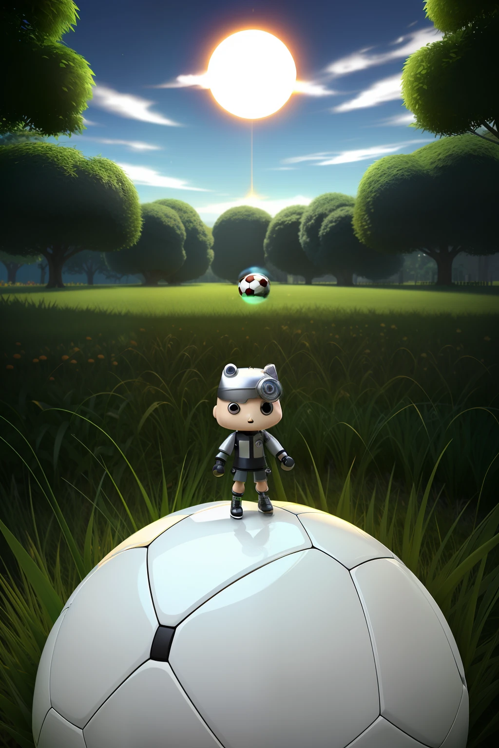 Cool, 3D Chibi Robo kicking a soccer ball, the background is a grass ground, ecosystem,