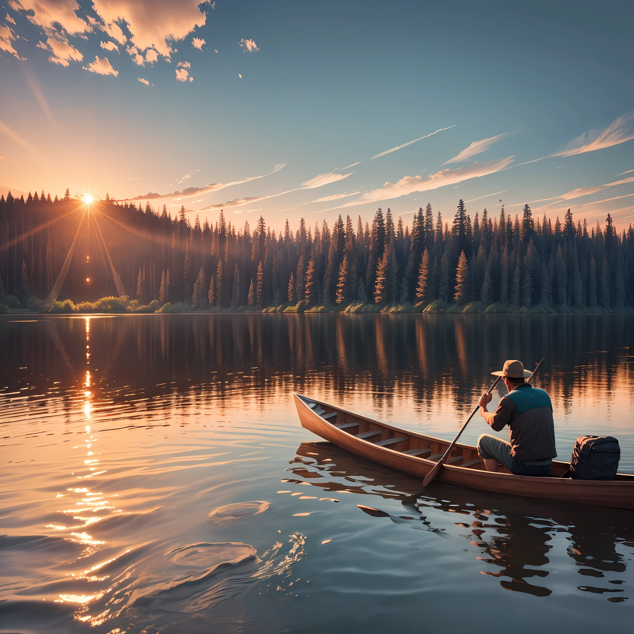 Man fishing in a canoe, in a lake with waves, sunset, 4k