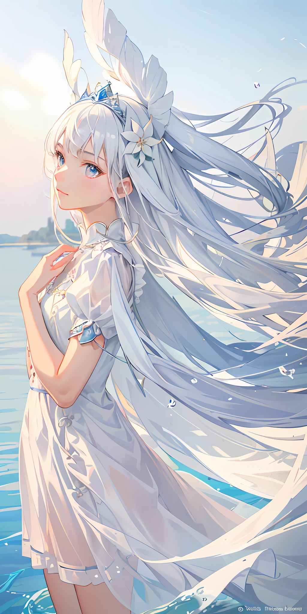 Top Quality, Full Body, High Quality Texture, Fine-grained, Realistic Expression of Face, Detailed Skin, Anime, Girl, Gentle Eyes, Sexy, Mix, Model, Illustration, Portrait, Semireal, Princess, Dress, White Dress, Fair Skin, Wind Flower, Meadow, Water Lake, Sun, Light, (Small), White Hair
