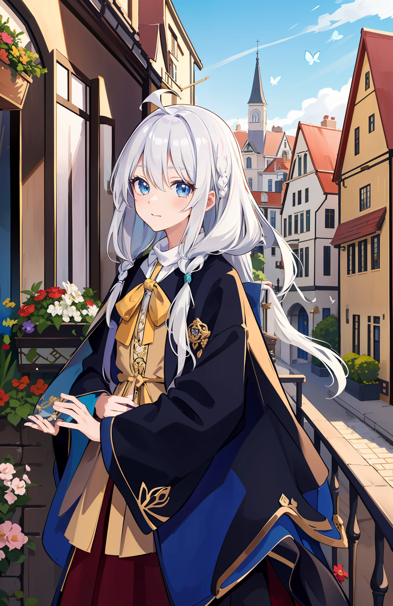 ((masterpiece,best quality,detailed)), 4k,8k,higres, 2girl , elaina, majo no tabitabi, white hair, ahoge, long hair, braid, blue eyes, shirt, sweater, broom, town, buildings, houses, flowers, butterfly, sunshine, sunlight dapple