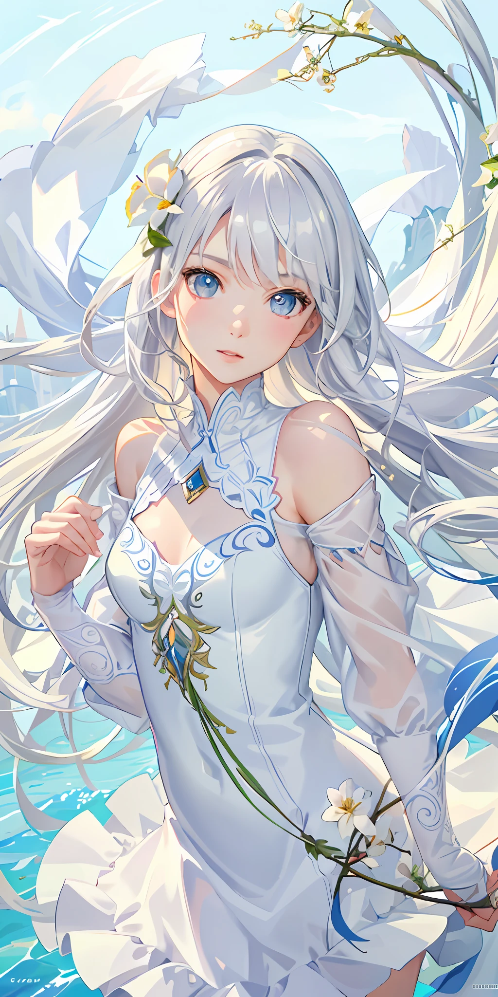 Top Quality, Full Body, High Quality Texture, Fine-grained, Realistic Expression of Face, Detailed Skin, Anime, Girl, Gentle Eyes, Sexy, Mix, Model, Illustration, Portrait, Semireal, Princess, Dress, White Dress, Fair Skin, Wind Flower, Meadow, Water Lake, Sun, Light, (Small), White Hair