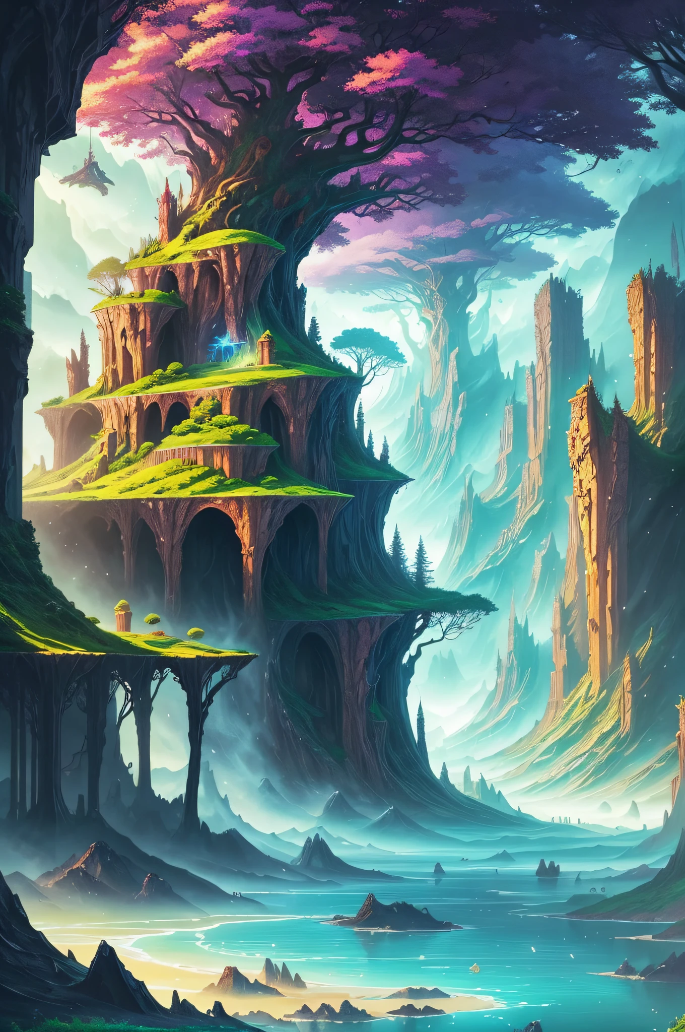 A mysterious and epic landscape featuring the fantastical and surreal world of floating islands, giant trees and mythical creatures, transports the viewer into a world full of imagination and wonder, artstation, digital art, intricate, pop, bright colors, perspective vision --auto --s2