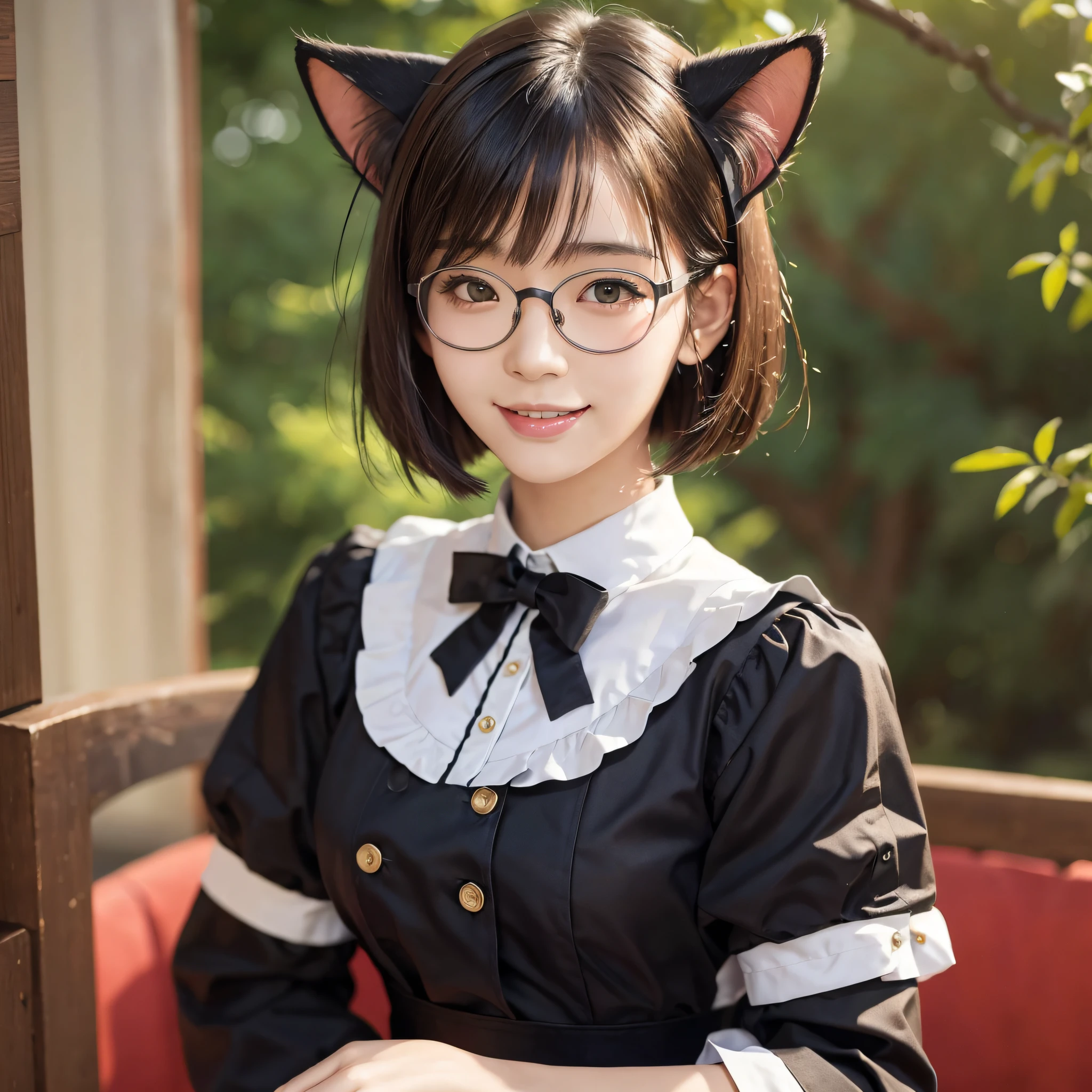 Top Quality, Masterpiece, High Detail, Most Realistic, High Definition, 16 Years Old Japan Beautiful Girl, Cat Ears, Maid Outfit, Red Glasses, Looking Here, Smile, Bob Cut, Healing