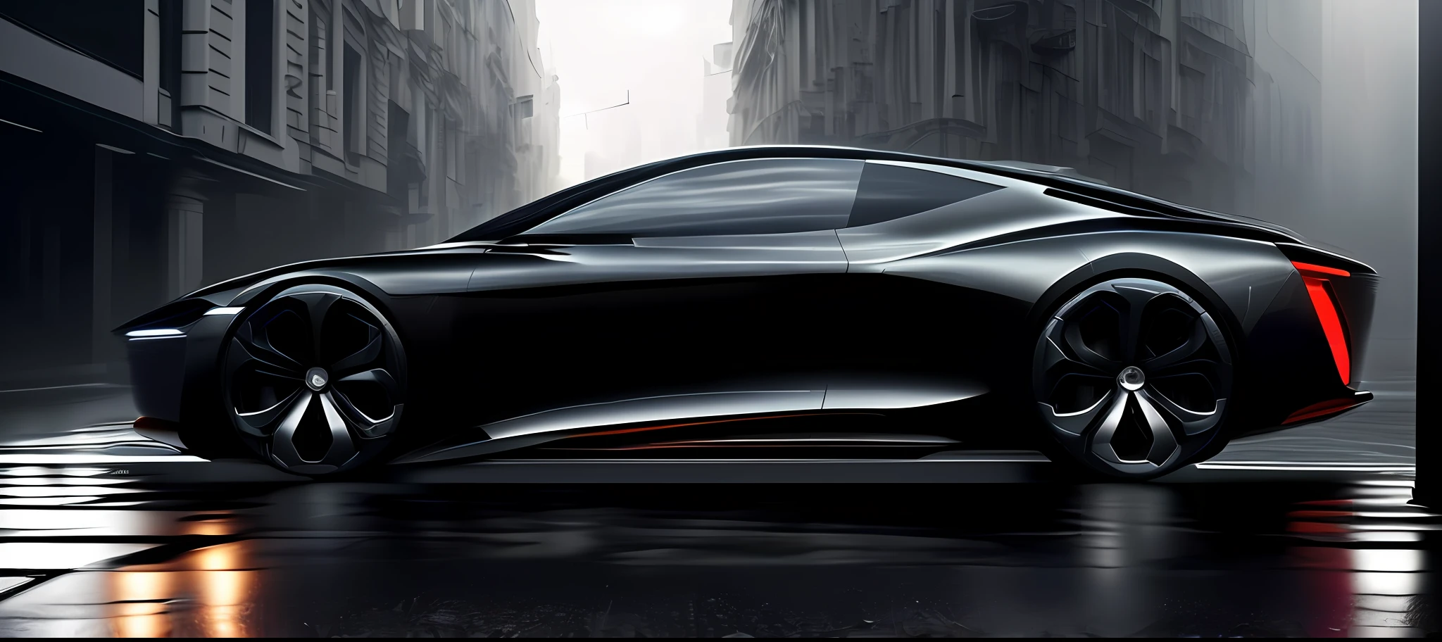 black car, concept car, futuristic concept car, smooth lines, powerful power, rendering of futuristic supercar, car in picture on rainy street, unmanned street, heavy rain, real rendering, real light and shadow, reflective details, city background, super high resolution, masterpiece, render cg