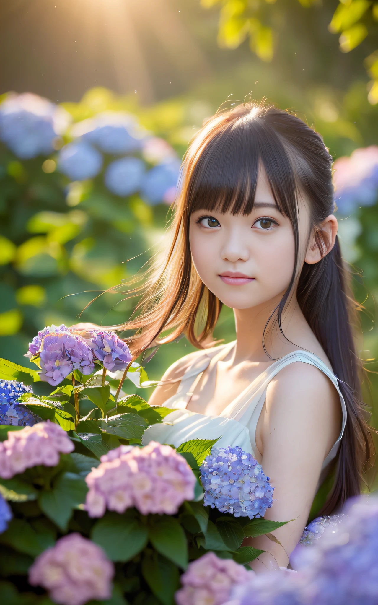 20 years old, twilight rays, wedding dress, corolla, (((Tokugawaen)), hydrangea front bokeh, bokeh, photorealistic, surrounded by hydrangeas, background dark, smiling, (one girl), (sunset: 1.3), (8k, raw photography, best quality, masterpiece: 1.2), (realistic, photorealism: 1.37), best quality, ultra high resolution, (focus plane: 1.8), ( Portrait: 1.7), (Intense:1.1), (Details:1.1), (Highest Quality), (Analog:1.2), (High Sharp), Canon EOS R Photography, (Summer Dress:1.4), (Standing in a Flower Garden:1.3), (Vivid and Colorful:1.3)