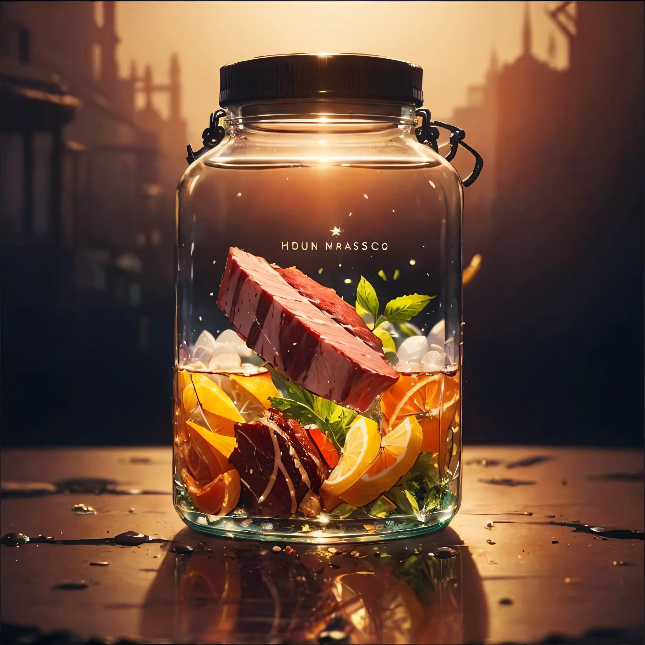 there is a jar with a lot of food inside of it, super realistic food picture, amazing food illustration, hyperdetailed scp artifact jar, inside a glass jar, dreamscape in a jar, glowing jar, awesome greate composition, dramatic product photography, realistic artwork, hyperrealistic concept art, glass jar, photorealistic 3d artwork, ultra realistic concept art