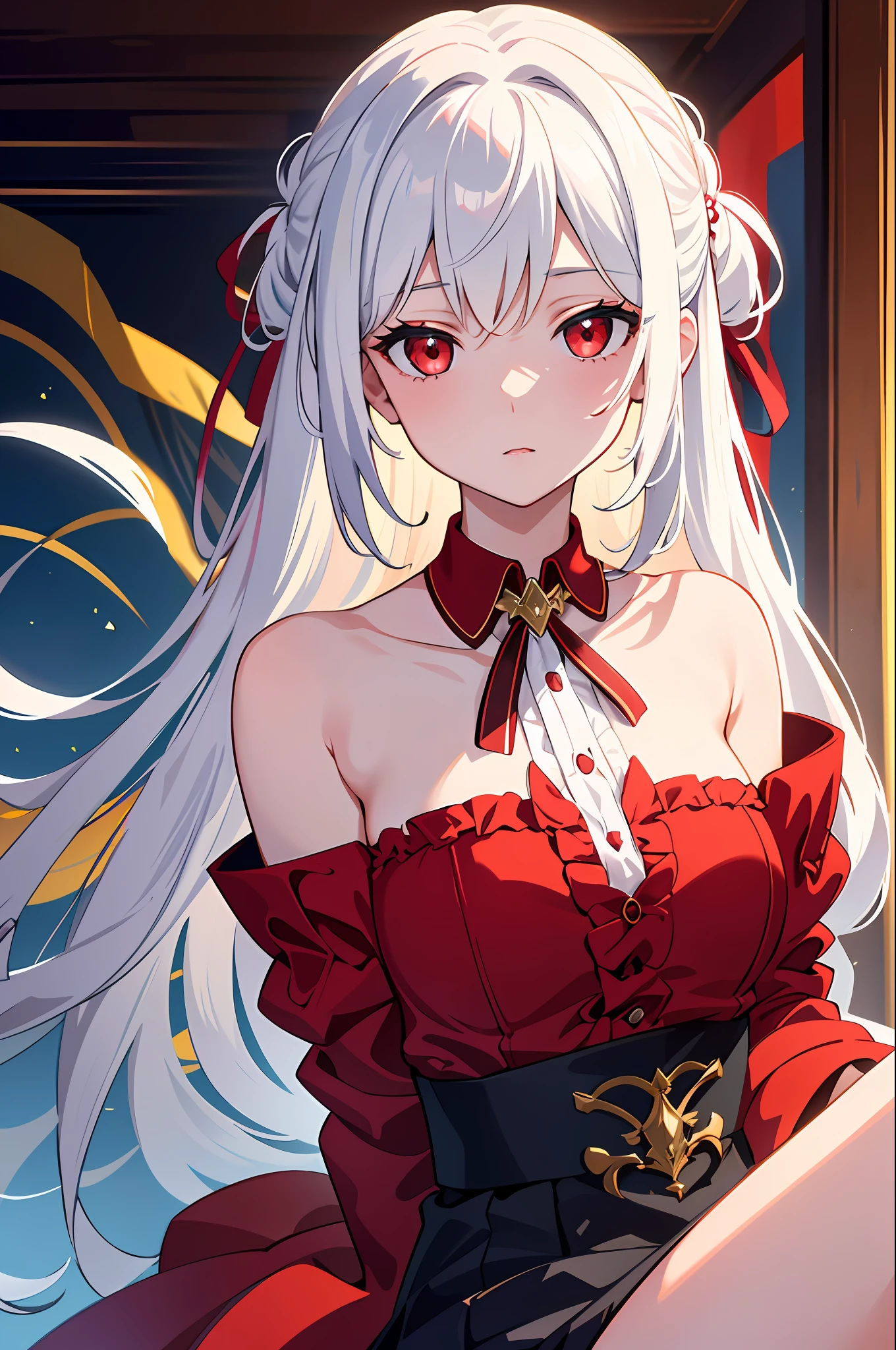 Artwork, masterpiece, extremely detailed 8k CG unit wallpaper, vibrant incredible colors, of a beautiful girl with white hair, red eyes, wearing a simple sensual blouse, almost transparent, her gaze focused on the viewer, background of scenery of a beautiful room, a calm, soft, simple light on the face of the beautiful girl.