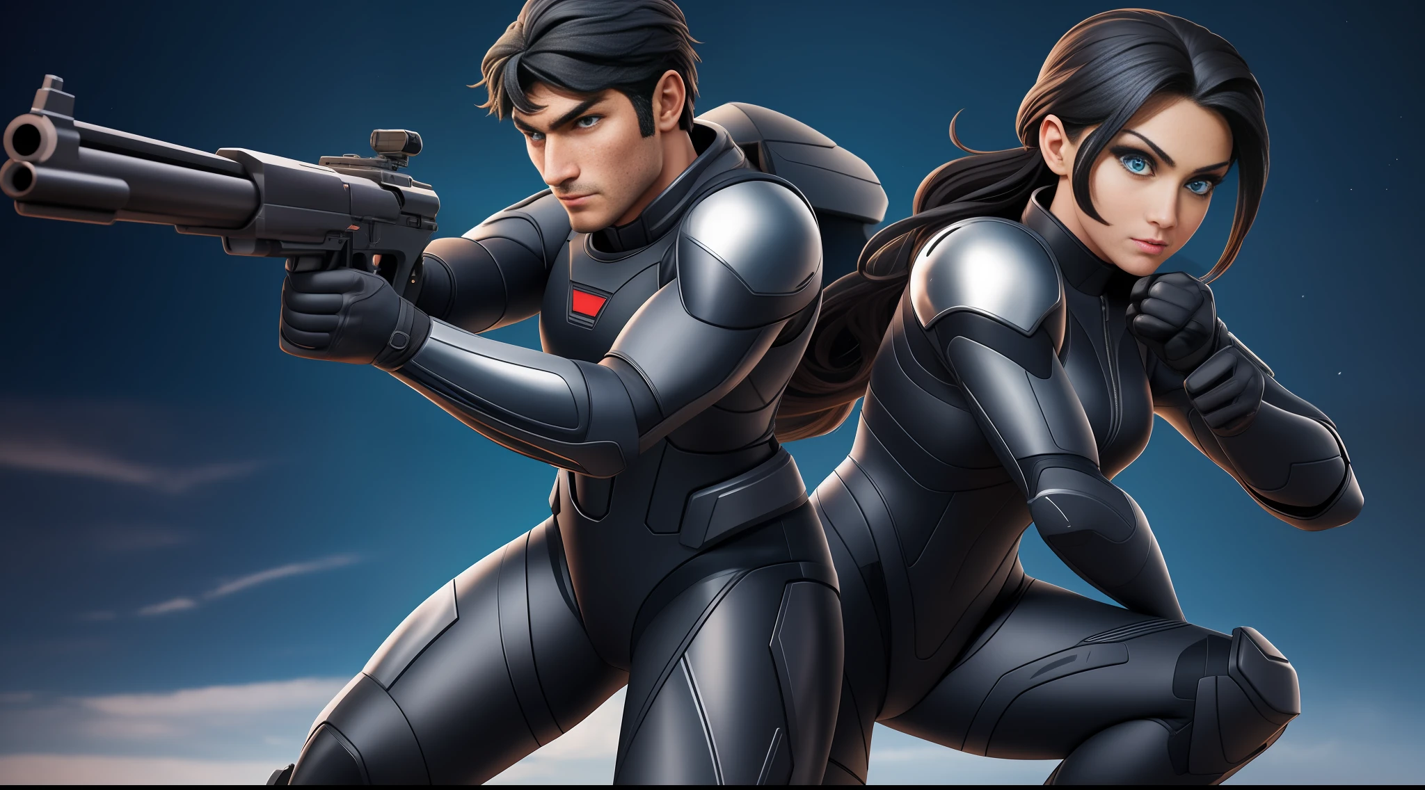 8k resolution ultra realistic full body picture of a couple. The man wearing special force suit, the girl wearing tight catsuit armor. Both having guns.