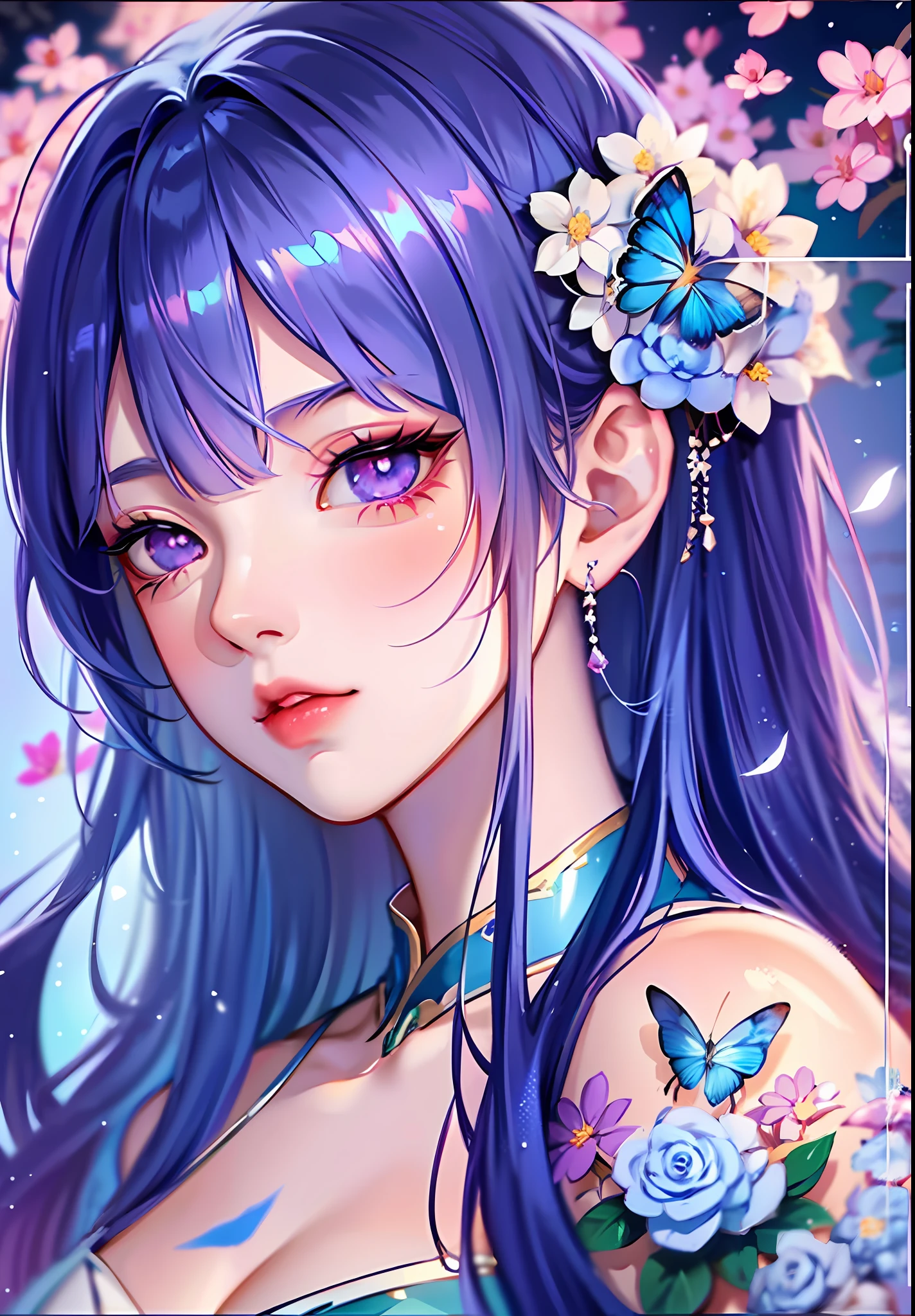 anime girl with dark blue hair wearing a blue dress, artwork in the style of guweiz, beautiful anime portrait, guweiz, beautiful anime girl, beautiful anime style, anime girl with dark blue hair, anime style. 8k, in the art style of bowater, beautiful digital illustration, beautiful character painting, stunning anime face portrait, ((blunt bangs)), purple eyes, (((flowers crown))),  surrounded by blue butterflies