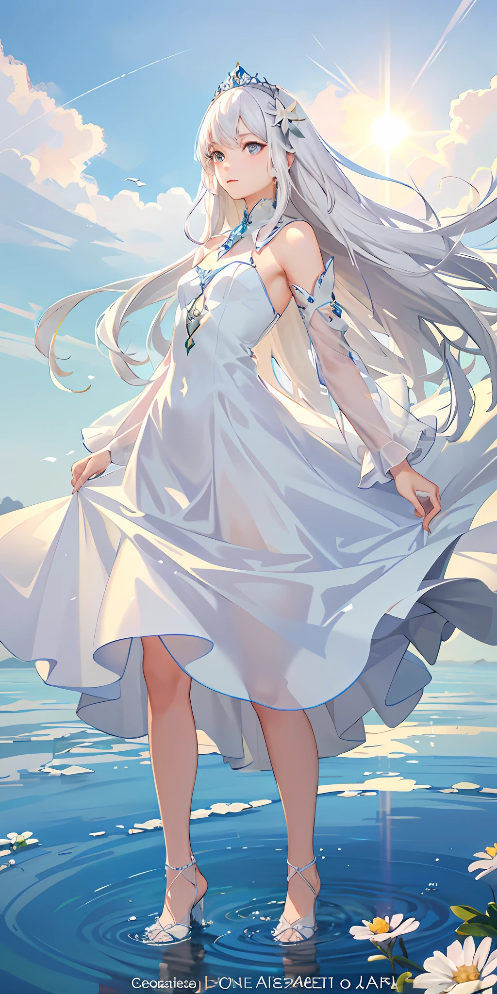 Top Quality, Full Body, High Quality Texture, Fine-grained, Realistic Expression of Face, Detailed Skin, Anime, Girl, Gentle Eyes, Sexy, Mix, Model, Illustration, Portrait, Semireal, Princess, Dress, White Dress, Fair Skin, Wind Flower, Meadow, Water Lake, Sun, Light, (Small), White Hair