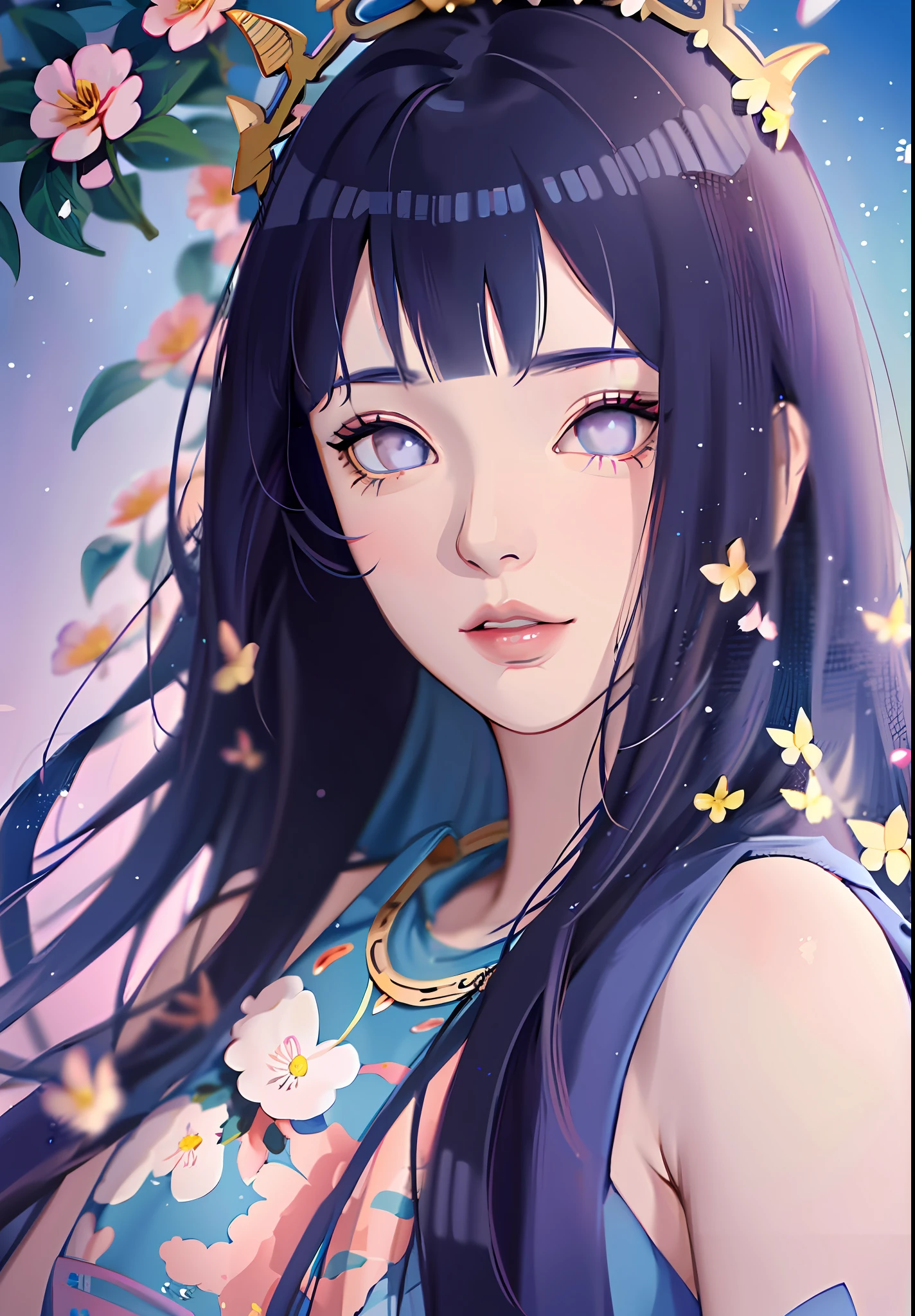 anime girl with dark blue hair wearing a blue dress, artwork in the style of guweiz, beautiful anime portrait, guweiz, beautiful anime girl, beautiful anime style, anime girl with dark blue hair, anime style. 8k, in the art style of bowater, beautiful digital illustration, beautiful character painting, stunning anime face portrait, ((blunt bangs)), purple eyes, (((flowers crown))), surrounded by blue butterflies