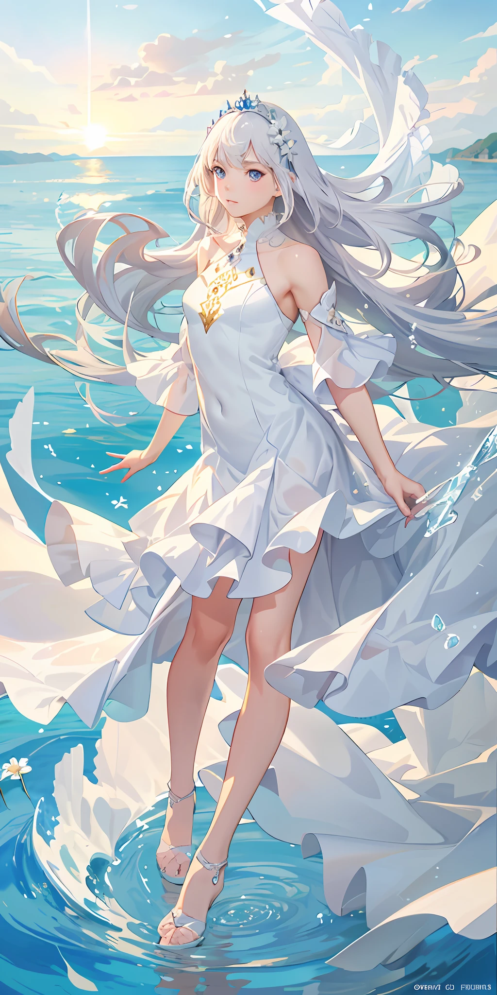 Top Quality, Full Body, High Quality Texture, Fine-grained, Realistic Expression of Face, Detailed Skin, Anime, Girl, Gentle Eyes, Sexy, Mix, Model, Illustration, Portrait, Semireal, Princess, Dress, White Dress, Fair Skin, Wind Flower, Meadow, Water Lake, Sun, Light, (Small), White Hair