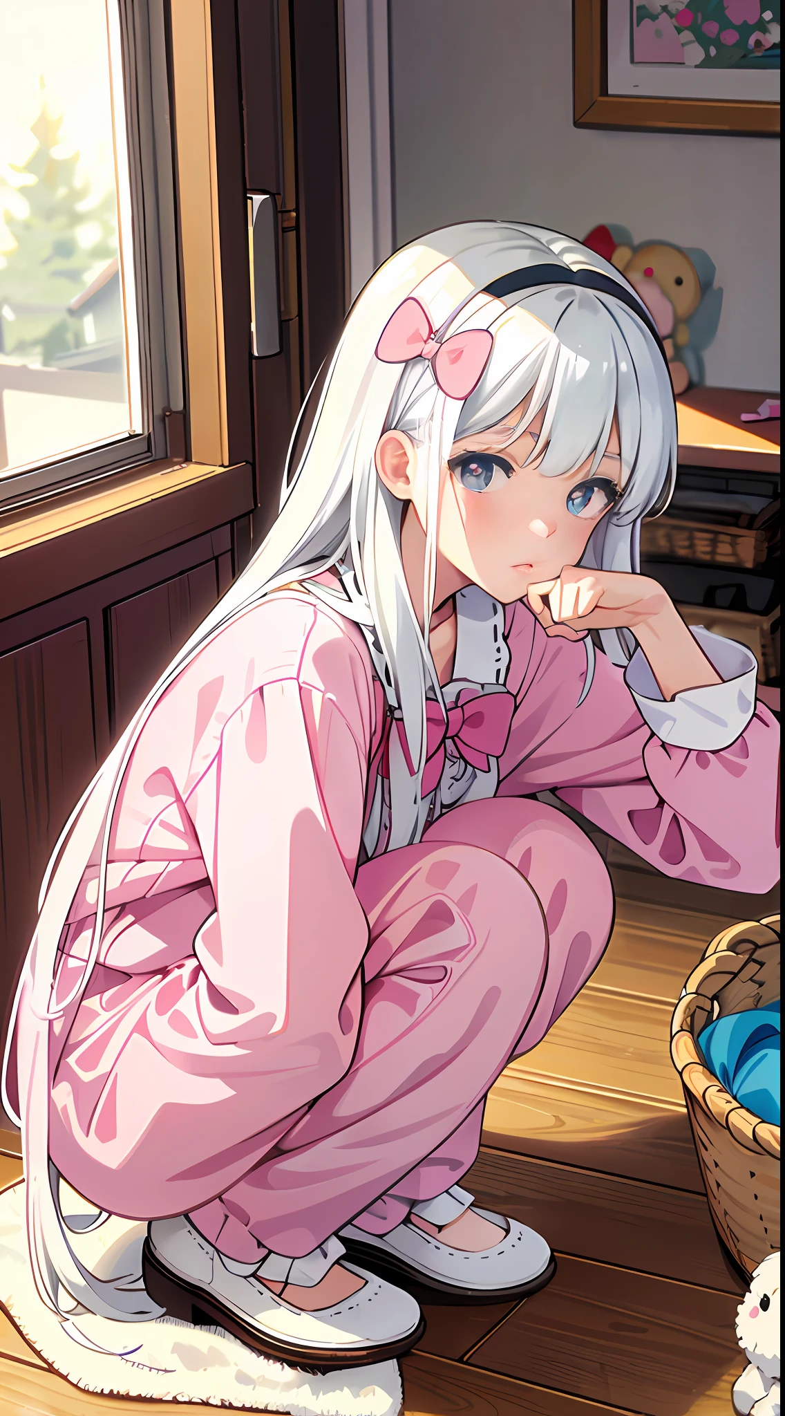 Masterpiece, best quality, super detailed, illustration, medium view, beautiful detailed eyes, ((vista, wide angle 1.31)), at home, a girl, white hair, pink bow, white pajamas. ((squatting on the ground)), clothes basket, clothes in hand