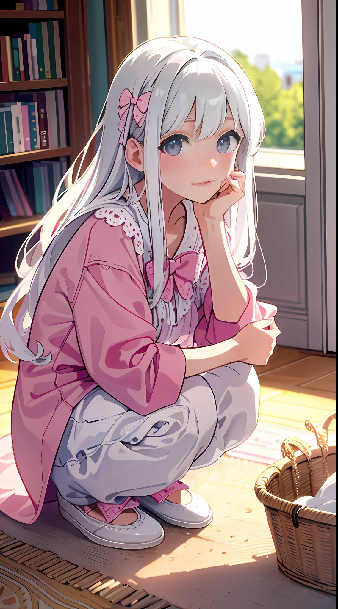 Masterpiece, best quality, super detailed, illustration, medium view, beautiful detailed eyes, ((vista, wide angle 1.31)), at home, a girl, white hair, pink bow, white pajamas. ((squatting on the ground)), clothes basket, clothes in hand