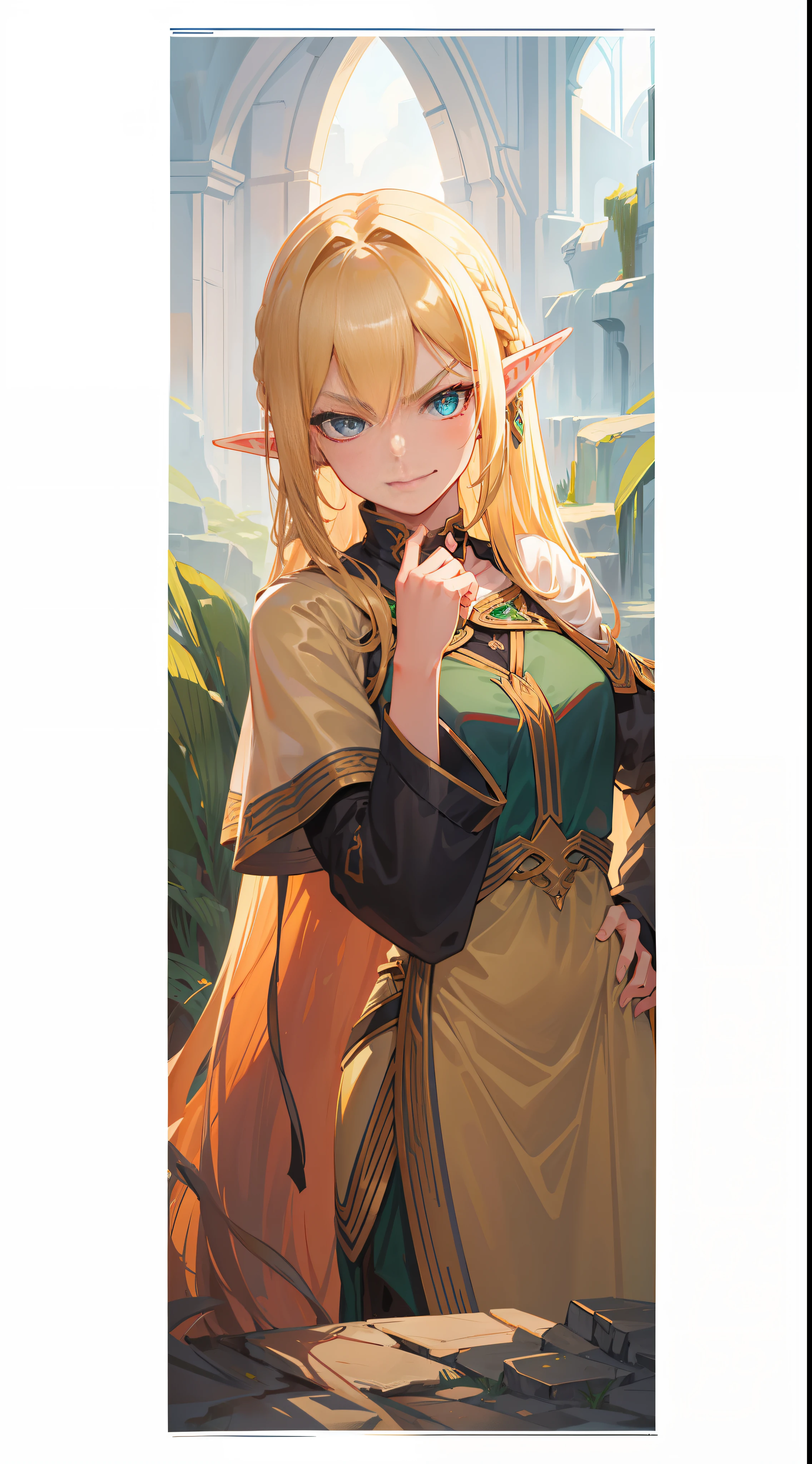 8K, meticulously drawn illustrations, thin beautiful hair, bent elbows, the back of the hand against the hip, smirking mouth, angry eyebrows, ruddy cheeks, young beautiful elf, blonde hair, emerald eyes, cinematic lighting