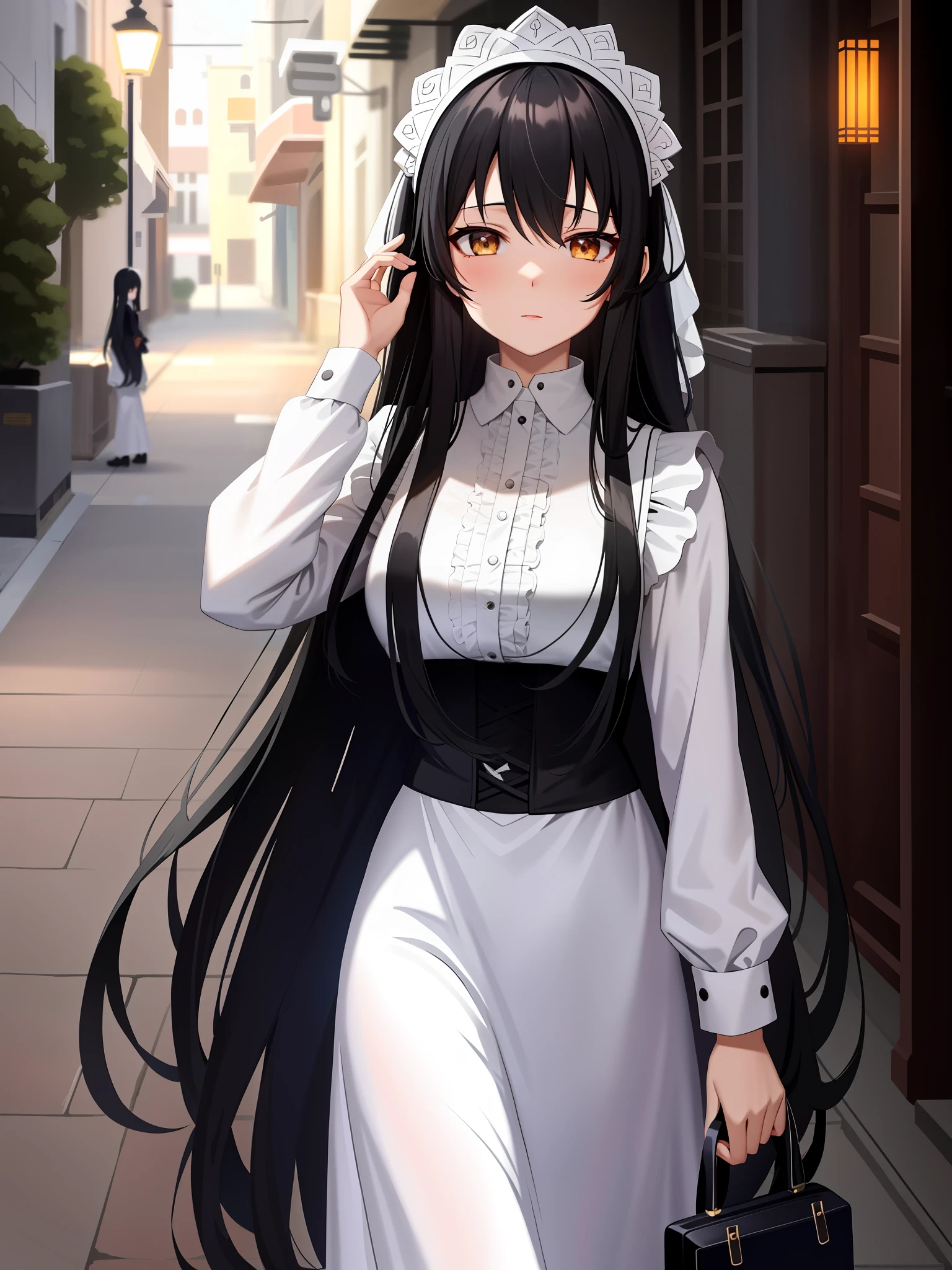 anime girl with long black hair walking down a street, anime girl with long hair, anime girl wearing a black dress, cute anime waifu in a nice dress, anime visual of a cute girl, anime moe artstyle, female anime character, anime style like fate/stay night, anime girl in a maid costume, anime vtuber full body model