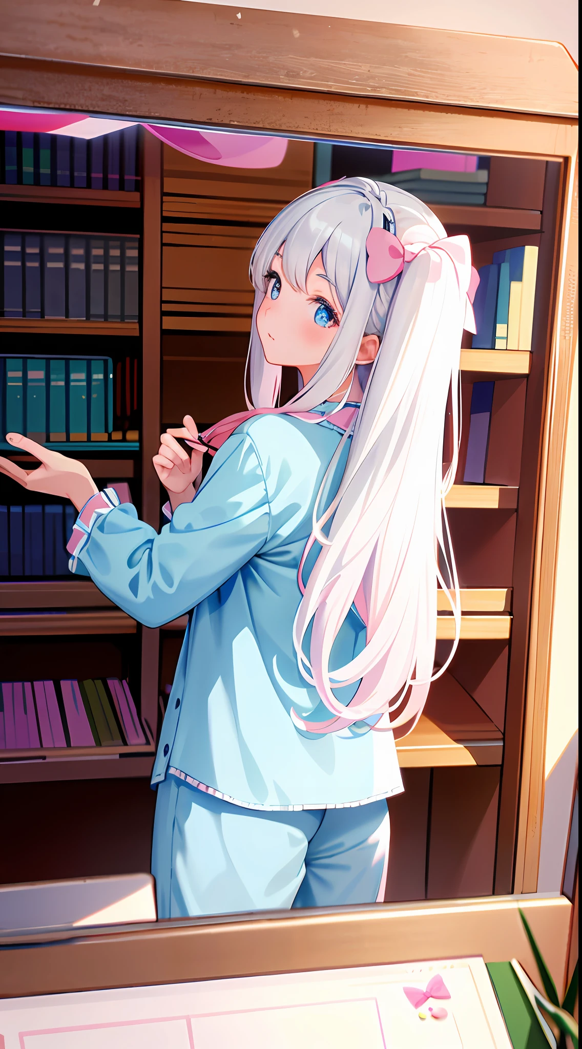 Masterpiece, best quality, super detailed, illustration, medium view, beautiful detailed eyes, ((vista, wide angle 1.31)), at home, a girl, white hair, pink bow, blue pajamas. Facing away from it