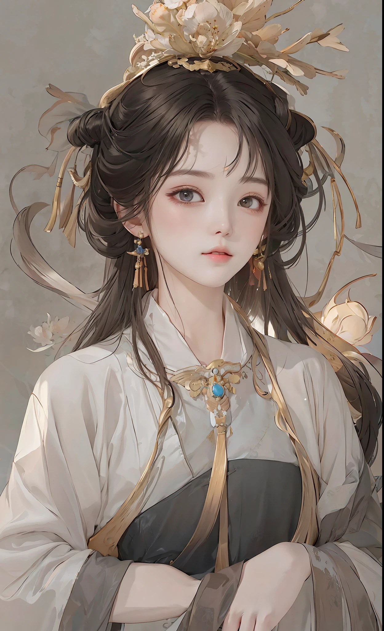 a girl, ancient chinese costume, white dress, suspender, full body, sunlight, clear face, clean white background, masterpiece, super detail, epic composition, ultra hd, high quality, extremely detailed, official art, uniform 8k wallpaper, super detail, 32k