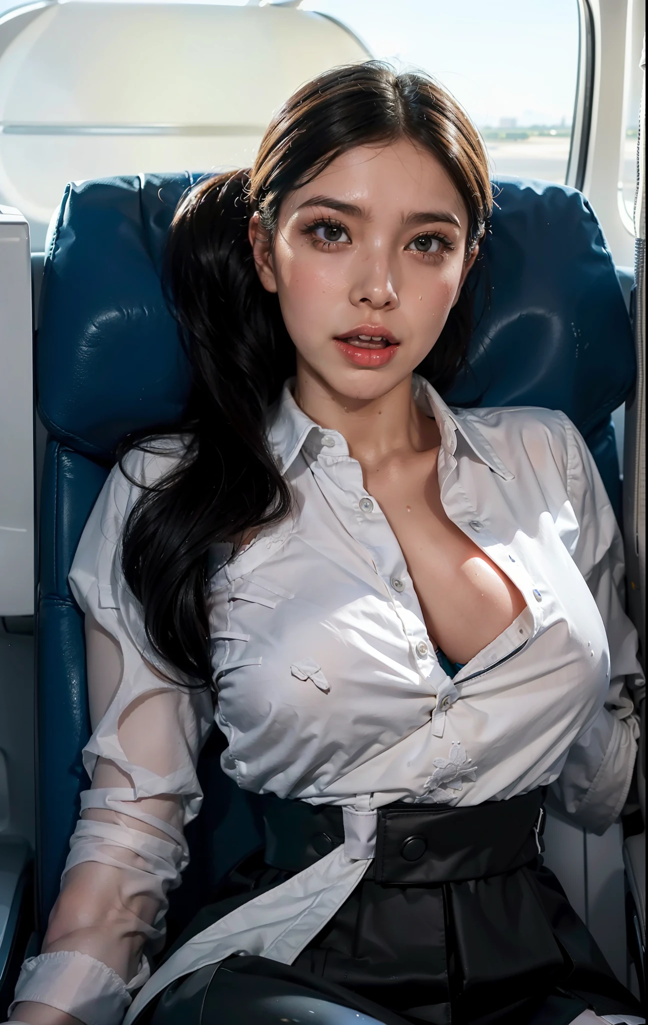 view from above, (wide shot:1.5), (full figure:1.5), 1 girl, (solo:1.5), (sit on a chair with your legs wide apart:1.5), ((((From the side, you can see the view outside the window and the airport. The customer seats are arranged in a row behind the flight attendant seats. The bright lights shine inside the plane))), The background of the interior of the aircraft being prepared, the woman is sitting in the flight attendant seat and preparing for takeoff. Her outfit is a pretty flight attendant. she unbuttons her white shirt and reveals a bra. she wears a skirt, upskirt with pantyhose and white panties. His body is wet with sweat. Her skin looks smooth, she has taken an aphrodisiac, and her whole body is sweaty and flushed, and she is spreading her legs to cool off. Her legs are lifted, (ahegao:1.2), (head back:1.2)