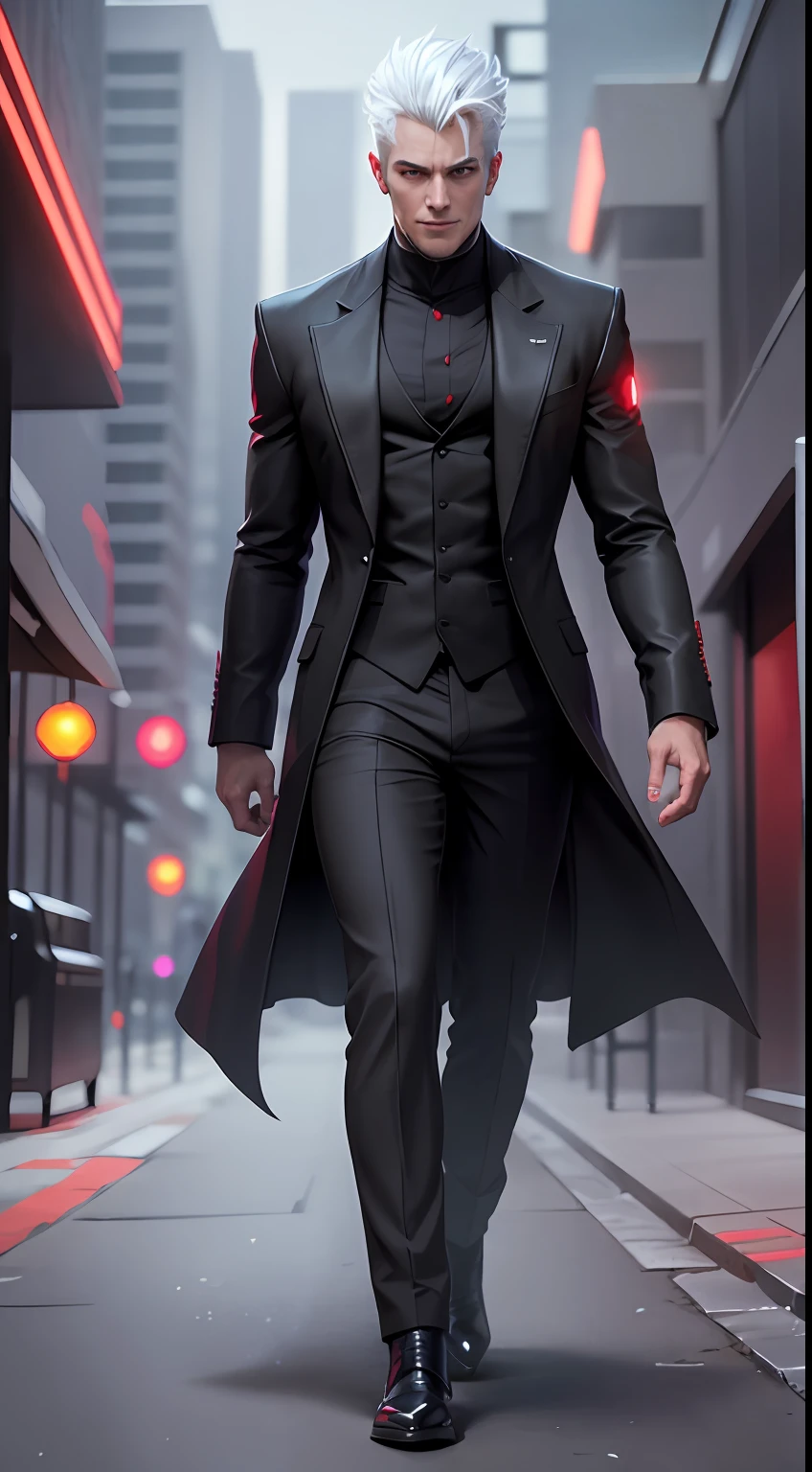 8k resolution ultra realistic full body picture of handsome guy, wearing black long coat. He have short white hair. He have red glowing demon eyes and an evil smile in cyberpunk world --auto --s2