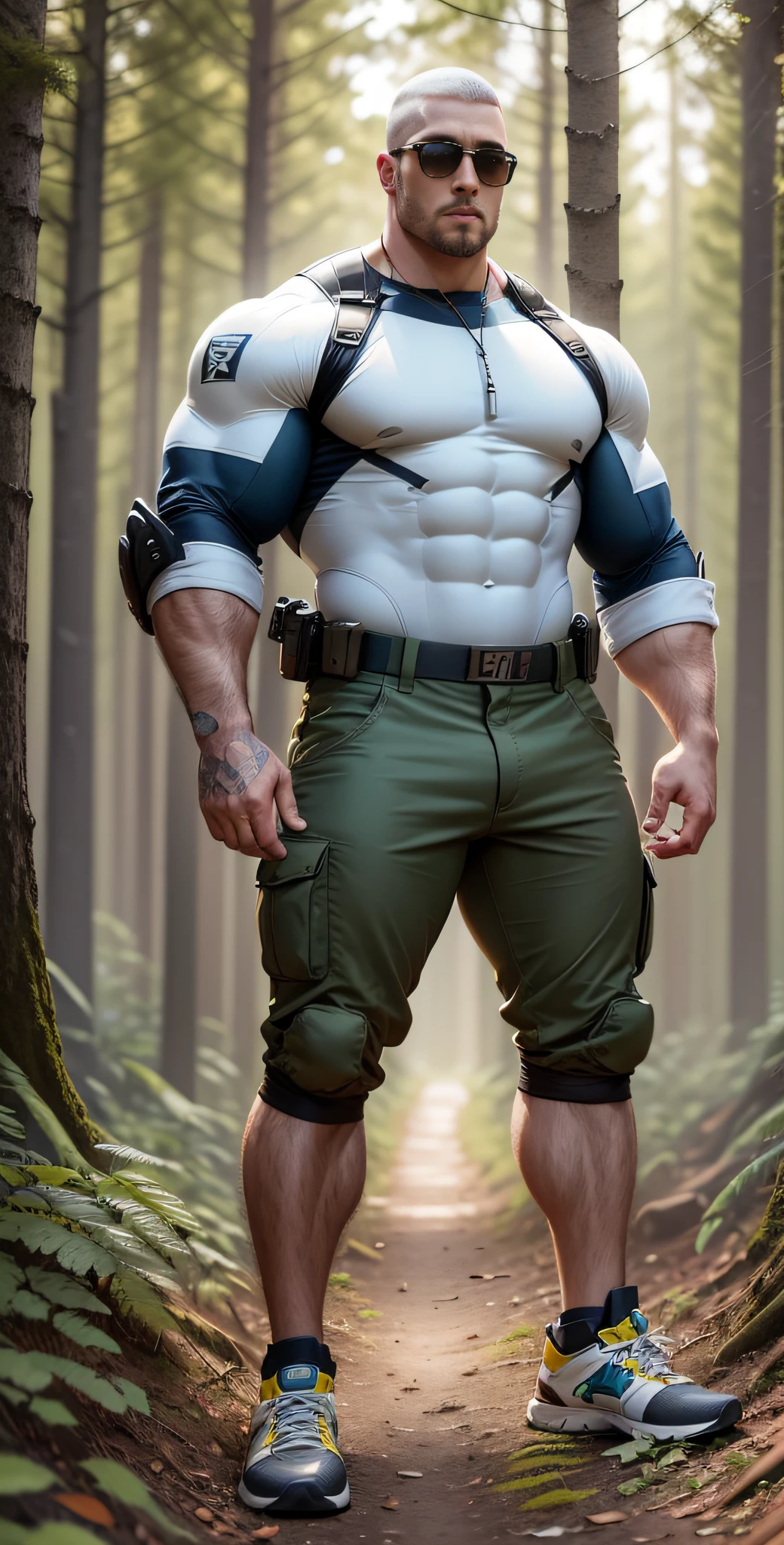 Man in off-white clothes standing in sunny forest, American round head, Buzz cut, national character face, tall and burly, muscular male hero, heroic male pose, muscular! Wearing sunglasses, skins brand stealth suit, super buff and cool, high resolution committee, character design police, sneakers, charismatic strong male with armor, sunlight shining through the gaps in the woods