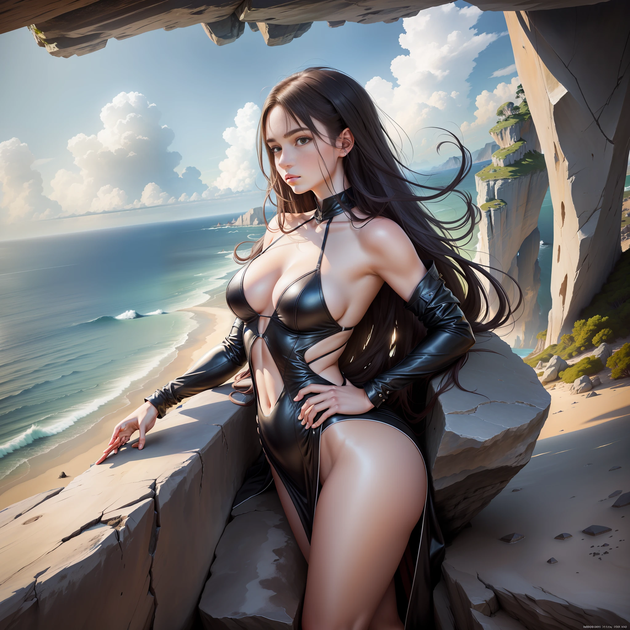 A high-resolution image, in 8K, portrays an 18-year-old young woman in a majestic pose, standing atop a elevated rock as she gazes at the horizon and the vast sea in front of her. Her slender and graceful body is displayed in all its glory, with every curve and detail captured in an ultra-realistic quality.