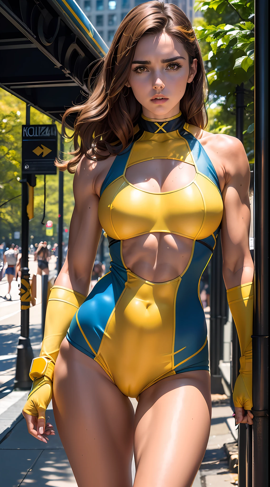 (8k, 4k, melhor qualidade, highres, ultra alta res:1.1), (obra-prima, realista, foto-realista:1.1), 1 mulher adulta, Poppy Drayton as kitty pryde (from x-men), perfect anatomy, toned abs, yellow and blue sexy onepiece superhero costume, brown eyes, in the streets of New York central park