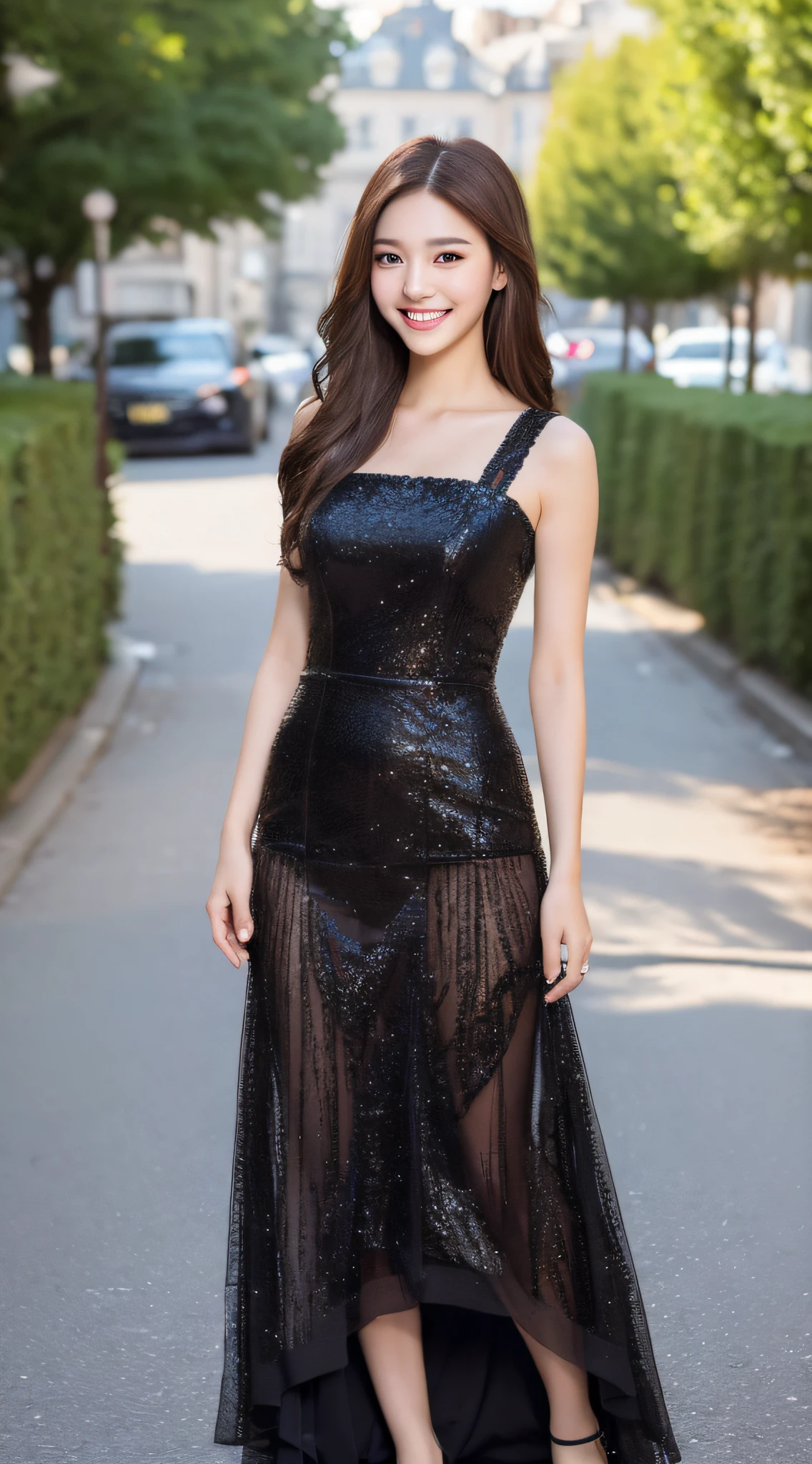 ((Best quality, 8k, Masterpiece :1.3)), 1girl, smiling, full body, slim face, Pretty woman, (Dark brown hair), full length dress :1.1, Ultra-detailed face, Detailed eyes, Double eyelid,  blur background, slim face, city, outside, street,