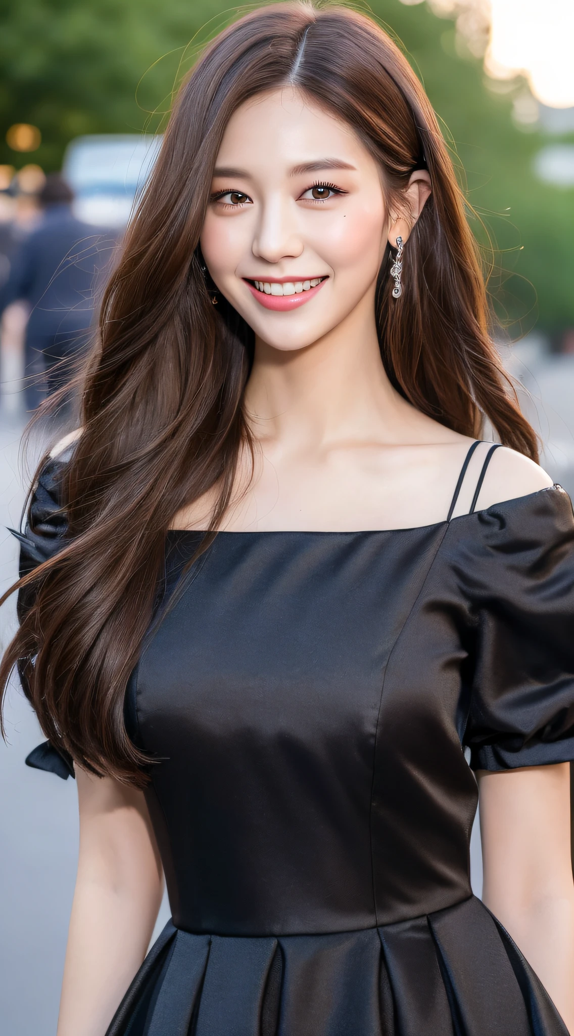 ((Best quality, 8k, Masterpiece :1.3)), 1girl, smiling, full body, slim face, Pretty woman, (Dark brown hair), full length dress :1.1, Ultra-detailed face, Detailed eyes, Double eyelid,  blur background, slim face, city, outside, street,