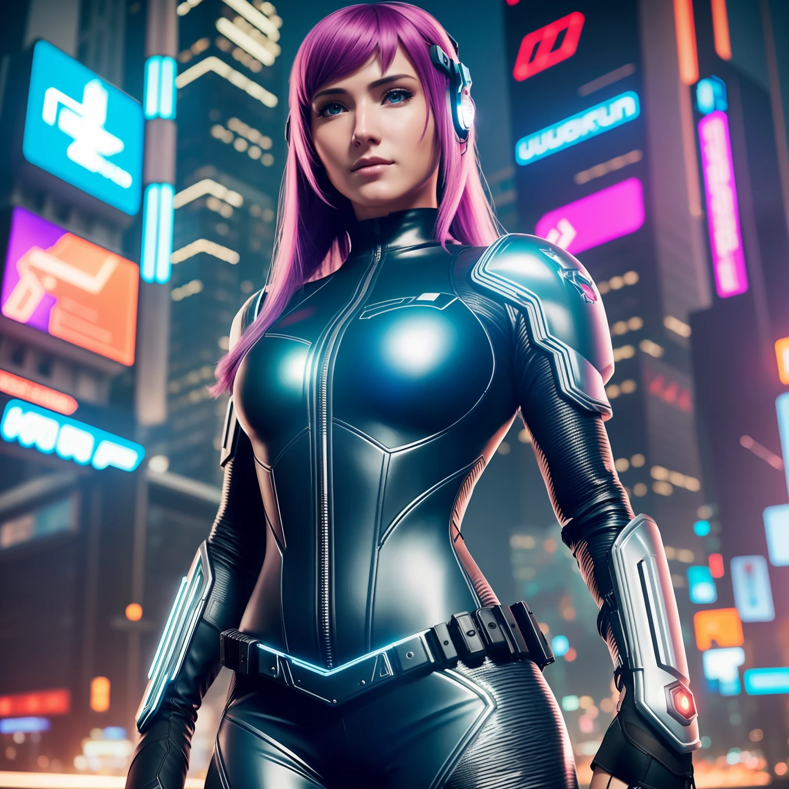 8k resolution ultra realistic picture of a beautiful girl, wearing high technology tight catsuit armor in cyberpunk world --auto --s2