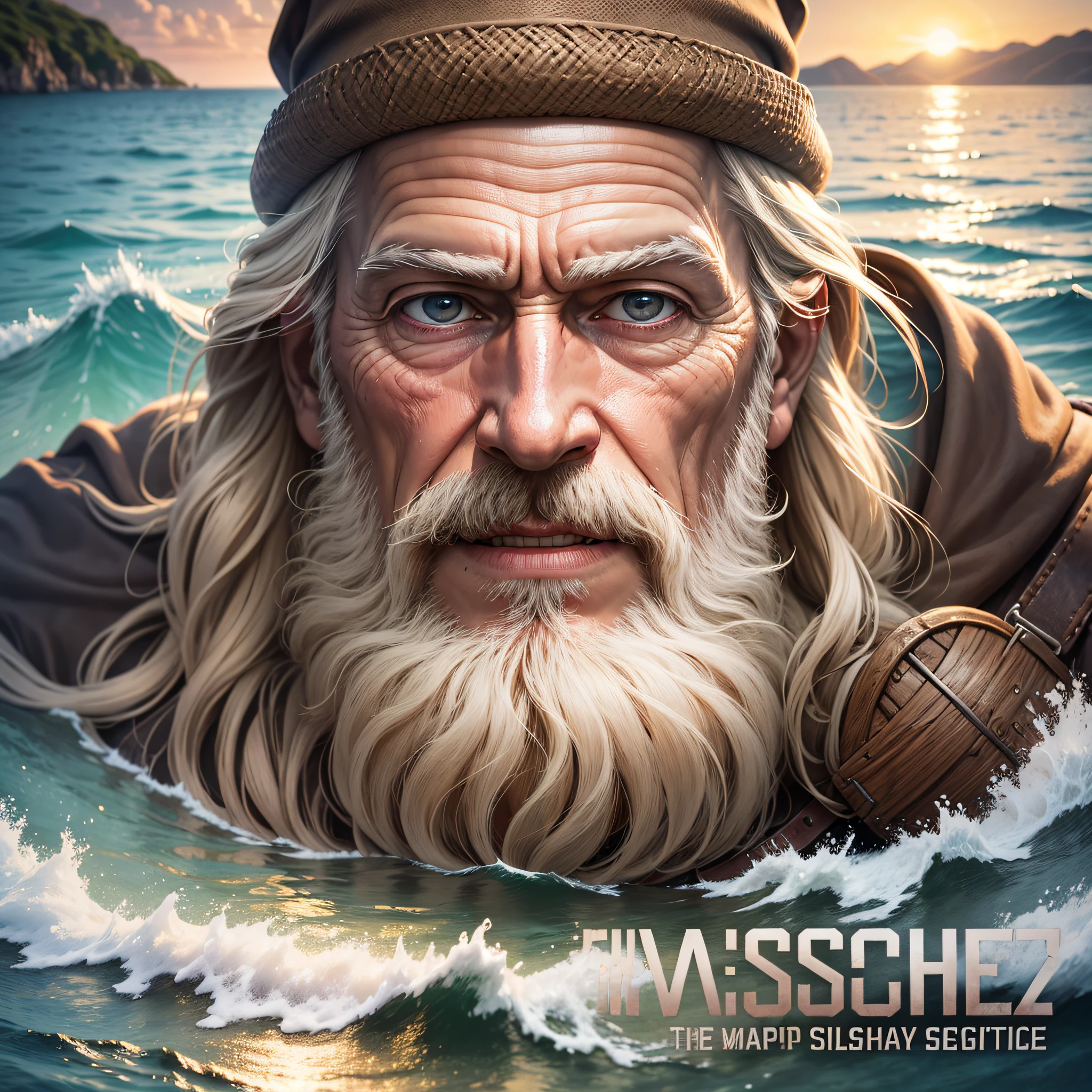 masterpiece, best quality, realistic, movie poster, apostle John, elderly, white beard, behind an island, ocean, close-up, bright, happy, warm soft lighting, sunset, (water: 0.7) --auto --s2