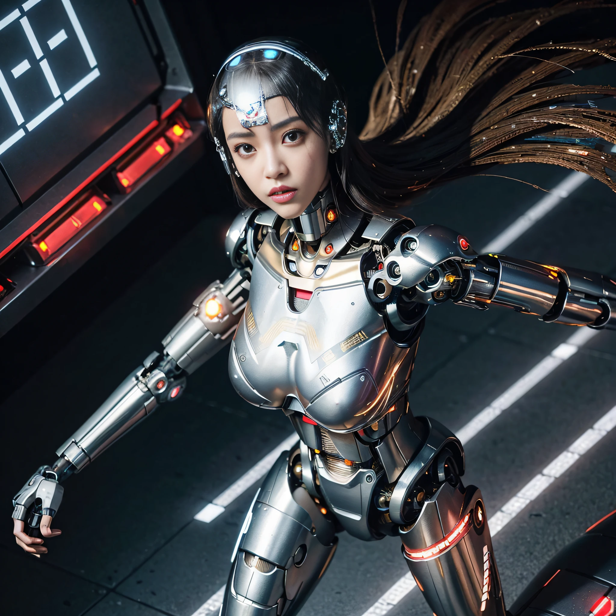 1girl, solo, Japanese girl, (((cyborg:1.4))), cyborg girl, cyborg armor, cyborg clothing, beautiful detailed eyes, finely detail, bright pupils, turquoise eyes, full body, large breasts:0.2, (((floating hair))), looking at viewer, pov, female focus, puffy eyes, short hair, bob hair, air bangs, dynamic pose, dynamic angle, close-up, fighting stance, fighting pose, run forward, running,(((golden metallic color | red metallic color | blue metallic color))),(((Metallic luster, metal reflective, mechanical details, extremely mechanical details, complex mechanical structure))), (((Mirrored Power Armor))), defeated, corpse, bleed, battlefield, mechanized background, giant robot in the background, outdoors, cinematic lighting, Cyberpunk world. Cyberpunk metropolis, neon, Sci-fi style, sfw:1.98,