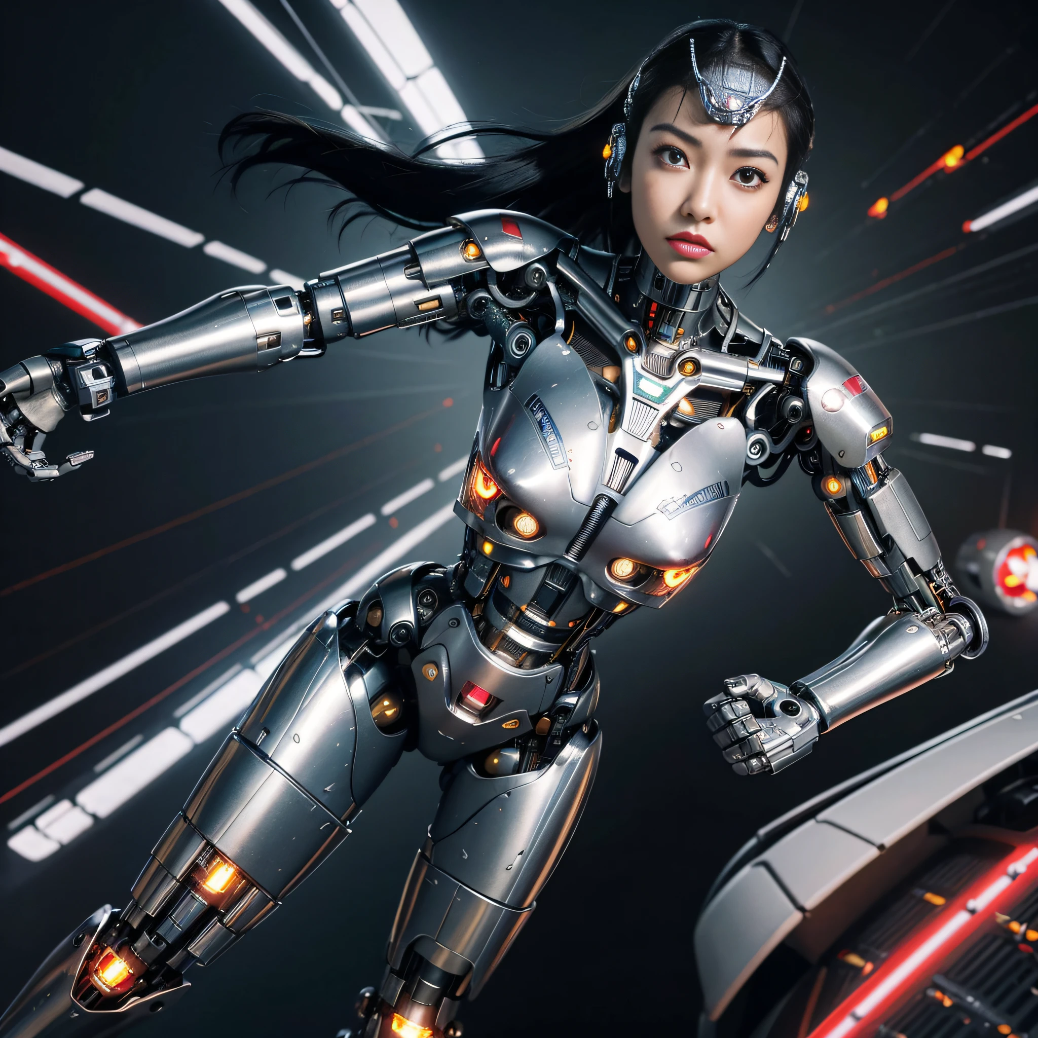 1girl, solo, Japanese girl, (((cyborg:1.4))), cyborg girl, cyborg armor, cyborg clothing, beautiful detailed eyes, finely detail, bright pupils, turquoise eyes, full body, large breasts:0.2, (((floating hair))), looking at viewer, pov, female focus, puffy eyes, short hair, bob hair, air bangs, dynamic pose, dynamic angle, close-up, fighting stance, fighting pose, run forward, running,(((golden metallic color | red metallic color | blue metallic color))),(((Metallic luster, metal reflective, mechanical details, extremely mechanical details, complex mechanical structure))), (((Mirrored Power Armor))), defeated, corpse, bleed, battlefield, mechanized background, giant robot in the background, outdoors, cinematic lighting, Cyberpunk world. Cyberpunk metropolis, neon, Sci-fi style, sfw:1.98,