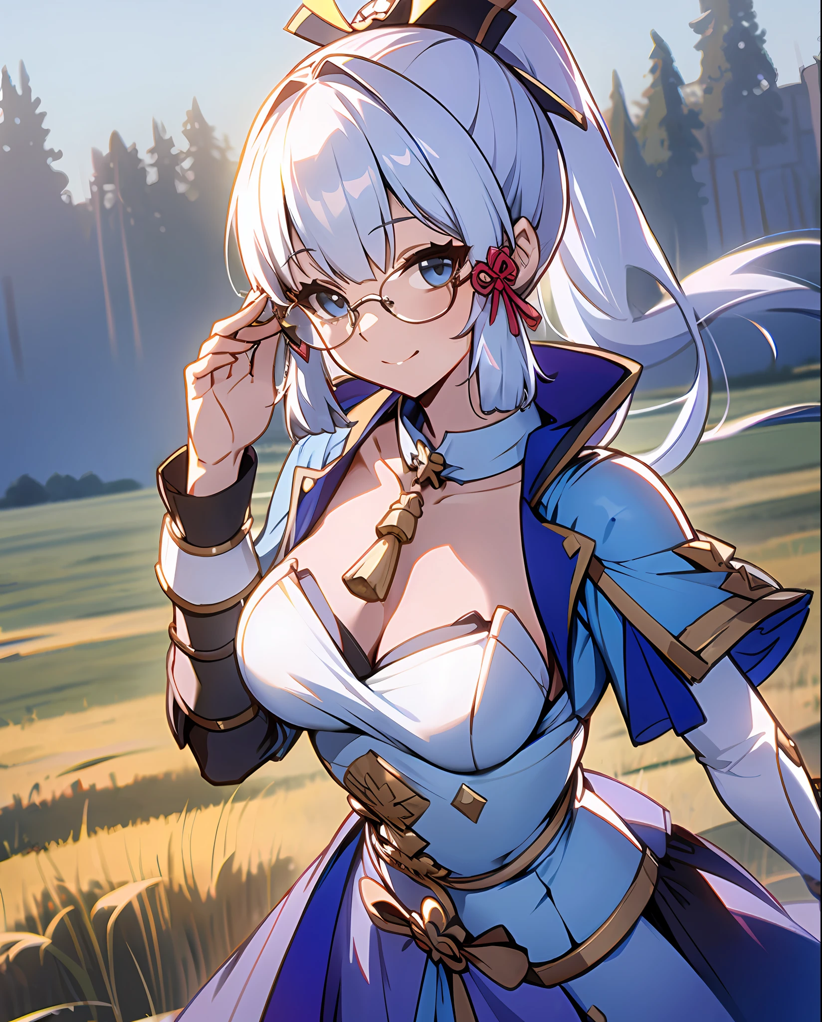 Ayaka, the Solemn Knight with a Ponytail, wearing Glasses and White Hair, is standing in the middle of a Field Background. She has a medium Breast which partly covered by her dress and an inviting Smile with her Hair Accessories, her beautiful cleavages(0.9) is adding to sensuality to her slim figure.