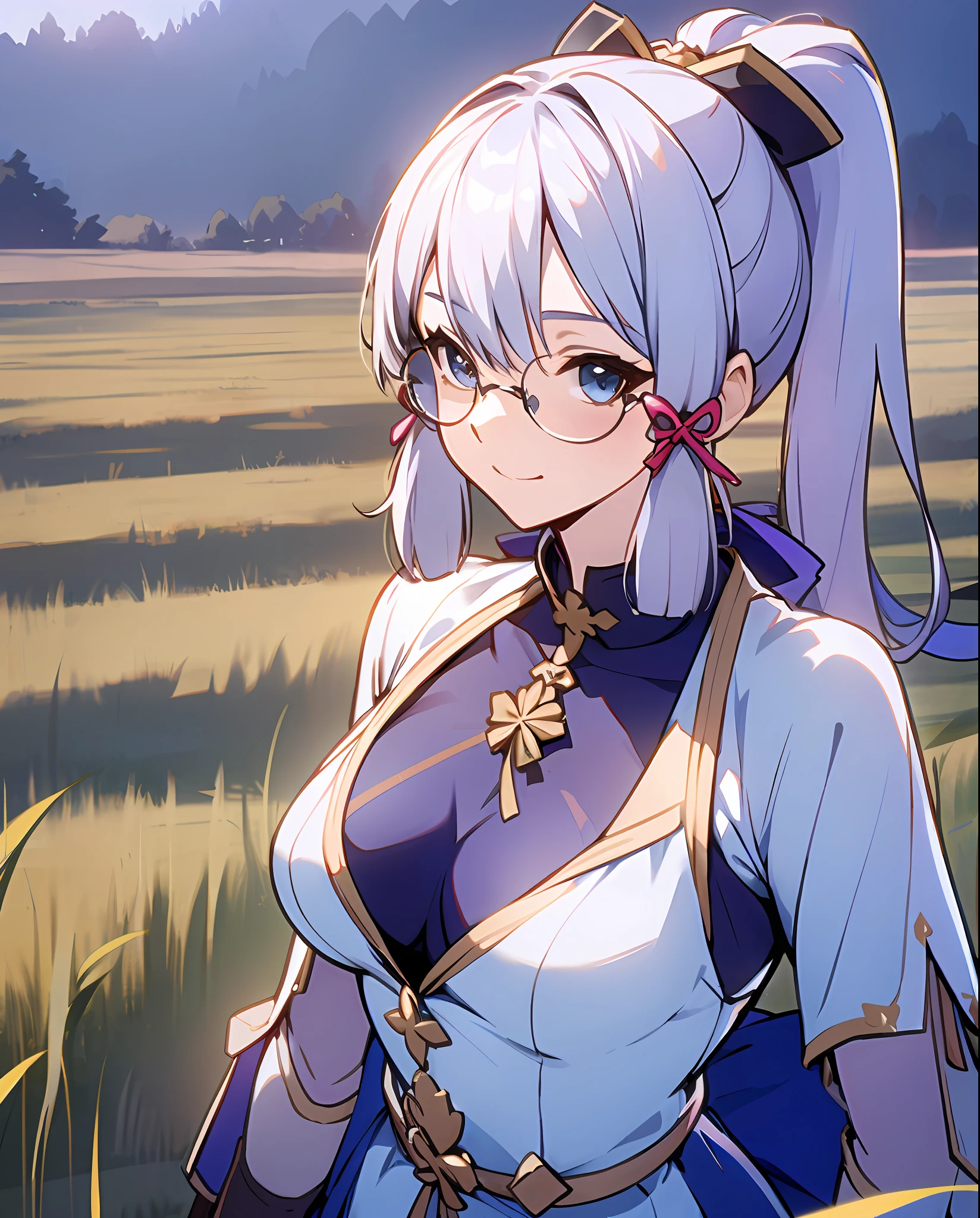 Ayaka, the Solemn Knight with a Ponytail, wearing Glasses and White Hair, is standing in the middle of a Field Background. She has a medium Breast which partly covered by her dress and an inviting Smile with her Hair Accessories, her beautiful cleavages(0.9) is adding to sensuality to her slim figure.