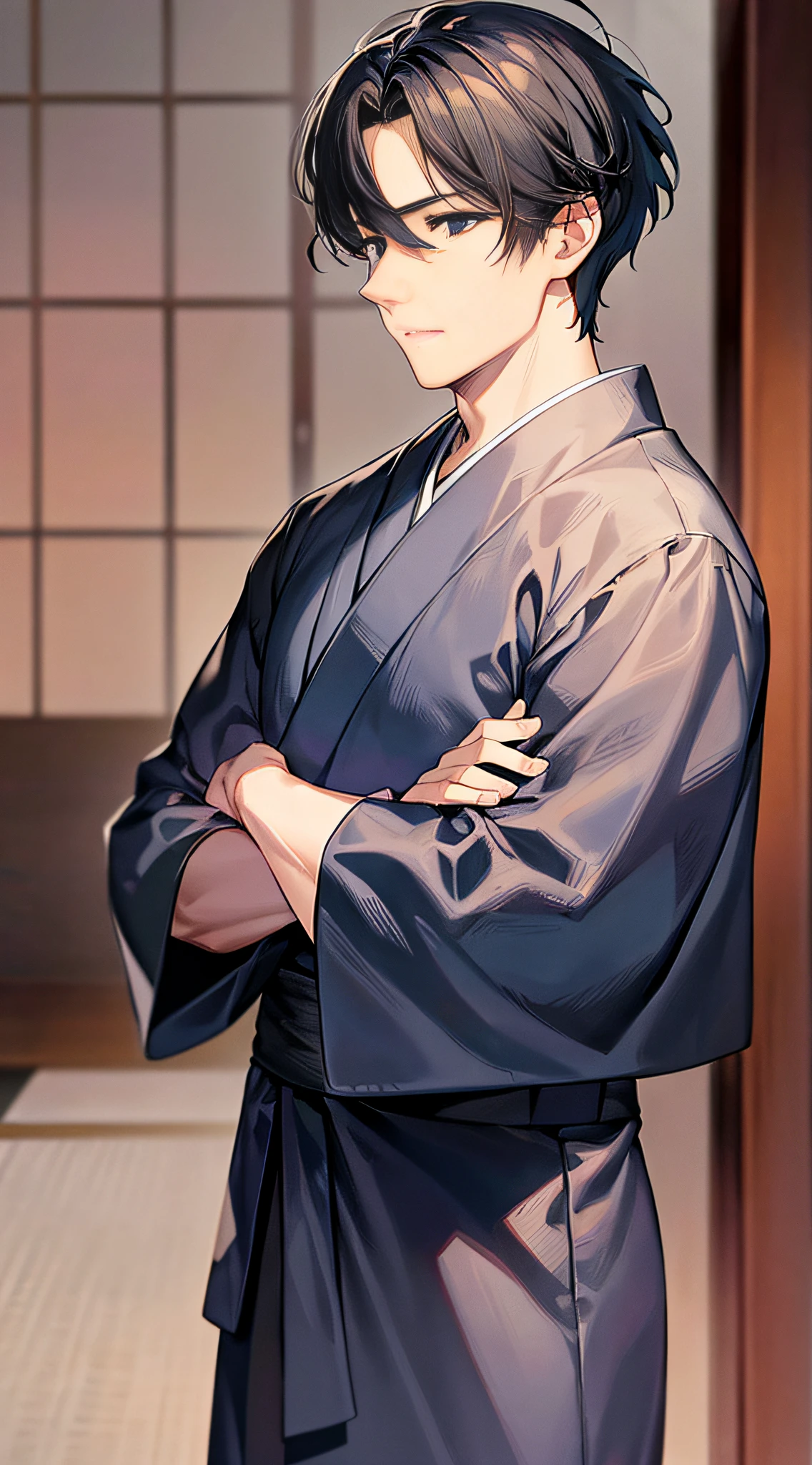 masterpiece, best quality, beautiful detailed, super fine illustration, beautiful detailed face and eyes, 8k, photorealistic, official art, wallpaper, simple background, standing, cowboy shot, side view, looking away, best lighting, 1man, solo, center, handsome, male face, 25years old, sad, crossed arms, black short hair, black eyes, mole:0.5, best ratio four finger and one thumb, japanese clothes, gray male yukata, black obi,