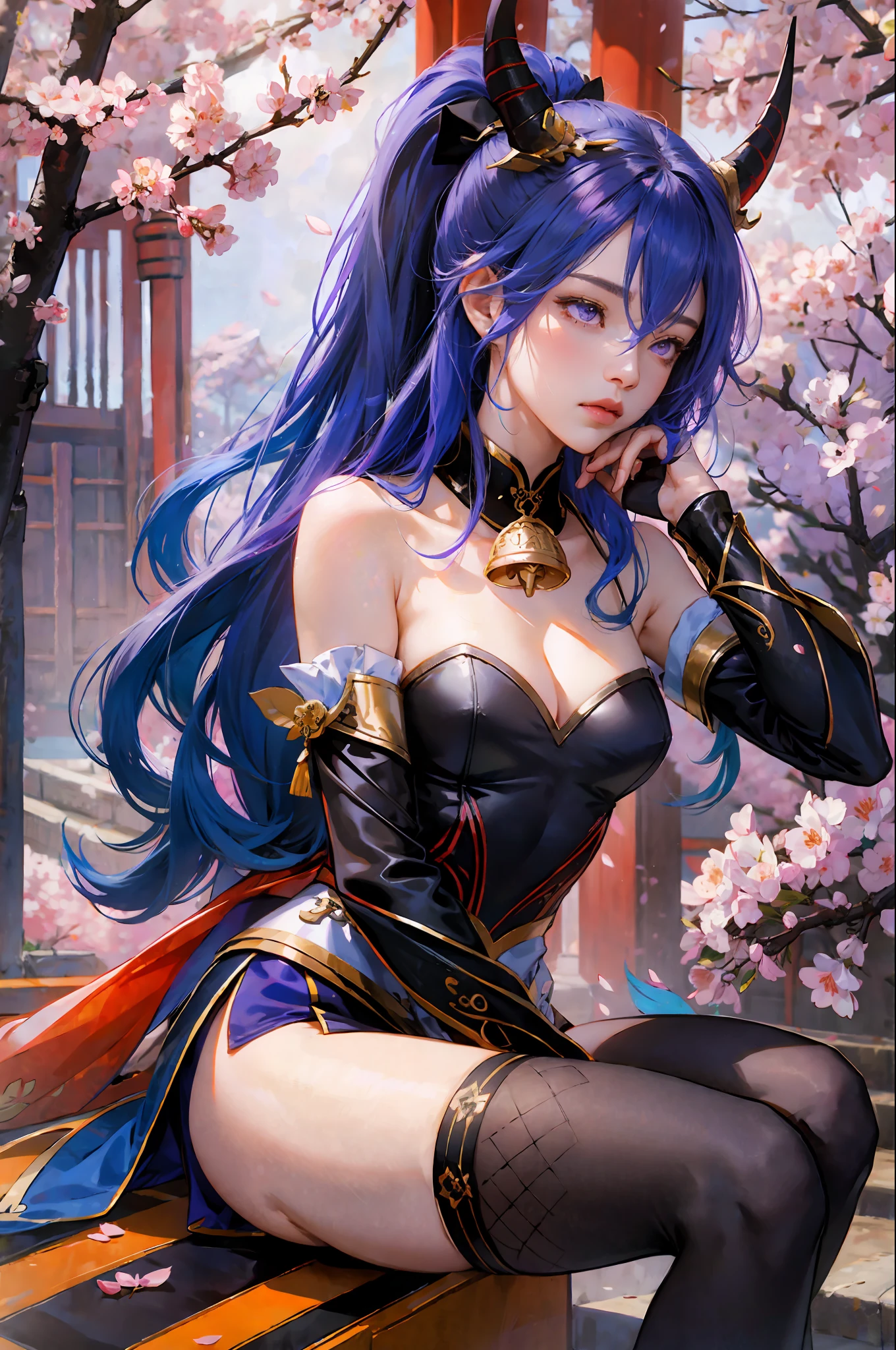masterpiece, best quality, highres, detailed face, HDR, 1girl, blue hair, long hair, very long hair, ponytail, bangs, hair between eyes, sidelocks, ahoge, goat horns, horns, purple eyes, bell, cowbell, neck bell, collar, detachable collar, white collar, bare shoulders, tights, black tights, bodystocking, bodystocking under clothes, pelvic curtain, severed sleeves, white sleeves, long sleeves, gold trim, medium breasts, gloves, black gloves, ribbon, leg strap, ankle strap, white footwear, vision (Genshin Impact), ganyu (Genshin Impact), outside, (East Asian architecture, cherry blossoms, torii, several torii, stairs), sitting, looking into the distance, from the side,
