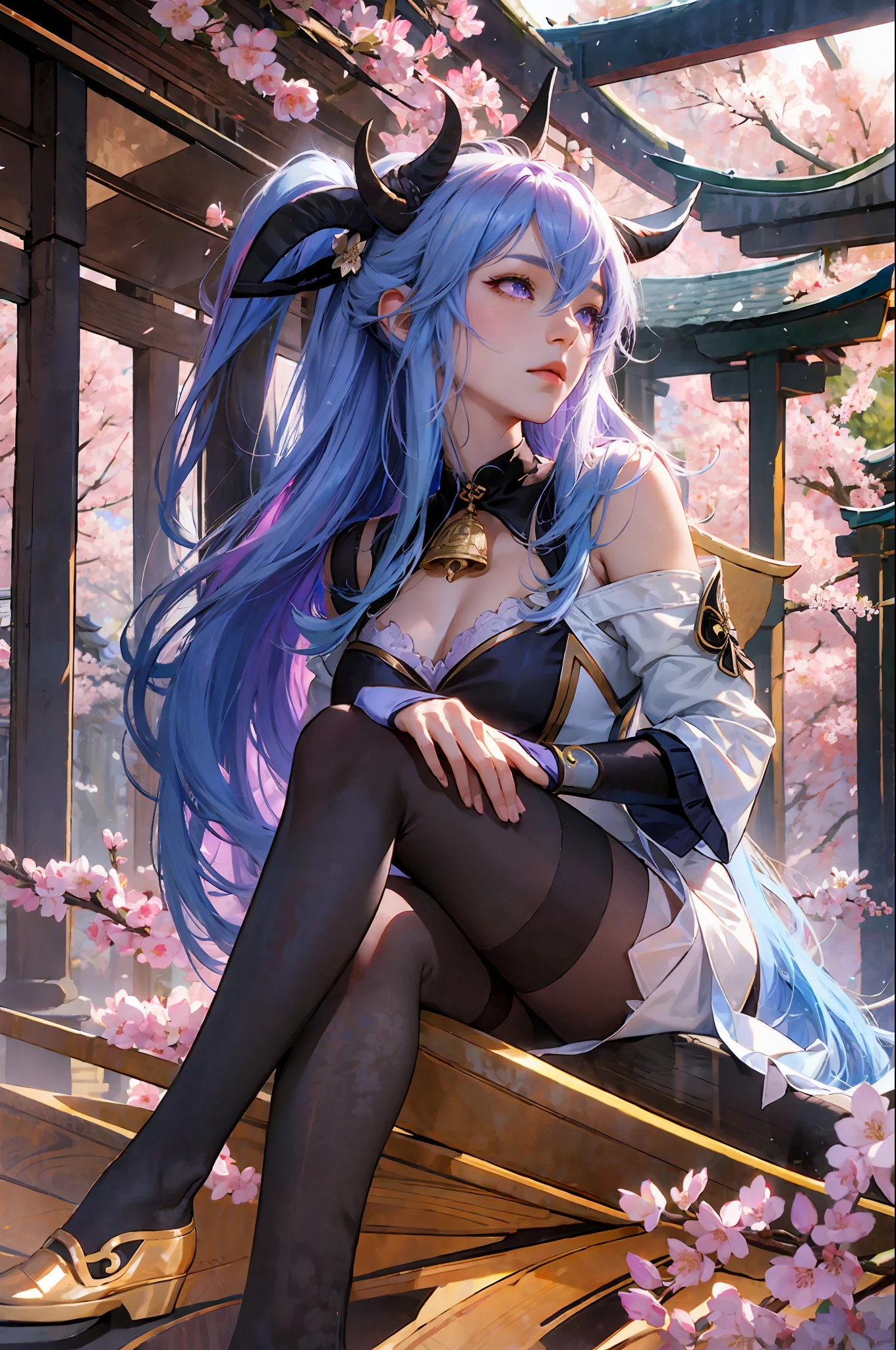 masterpiece, best quality, highres, detailed face, HDR, 1girl, blue hair, long hair, very long hair, ponytail, bangs, hair between eyes, sidelocks, ahoge, goat horns, horns, purple eyes, bell, cowbell, neck bell, collar, detachable collar, white collar, bare shoulders, tights, black tights, bodystocking, bodystocking under clothes, pelvic curtain, severed sleeves, white sleeves, long sleeves, gold trim, medium breasts, gloves, black gloves, ribbon, leg strap, ankle strap, white footwear, vision (Genshin Impact), ganyu (Genshin Impact), outside, (East Asian architecture, cherry blossoms, torii, several torii, stairs), sitting, looking into the distance, from the side,