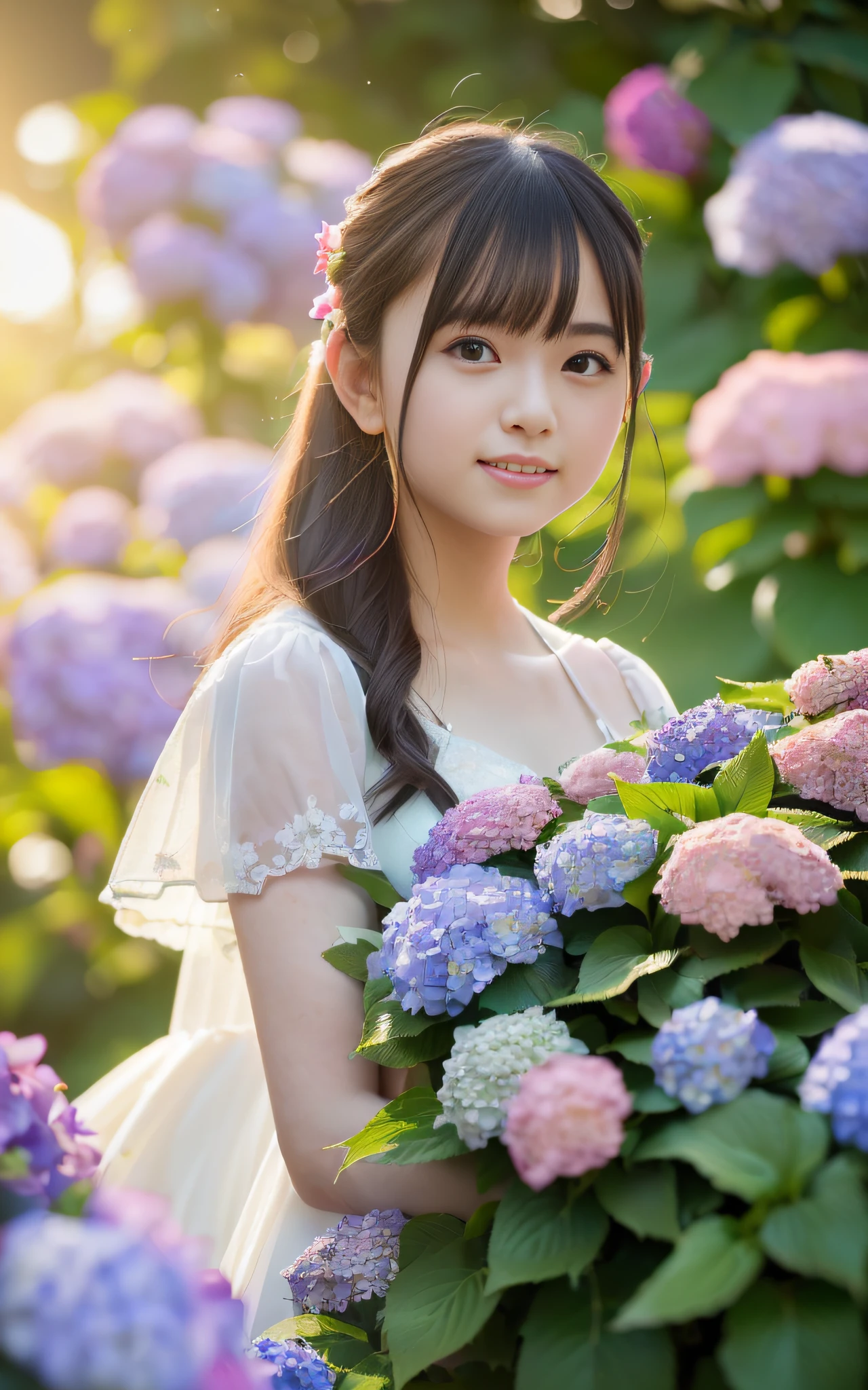 20 years old, twilight rays, wedding dress, corolla, (((Tokugawaen)), hydrangea front bokeh, bokeh, photorealistic, surrounded by hydrangeas, background dark, smiling, (one girl), (sunset: 1.3), (8k, raw photography, best quality, masterpiece: 1.2), (realistic, photorealism: 1.37), best quality, ultra high resolution, (focus plane: 1.8), ( Portrait: 1.7), (Intense:1.1), (Details:1.1), (Highest Quality), (Analog:1.2), (High Sharp), Canon EOS R Photography, (Summer Dress:1.4), (Standing in a Flower Garden:1.3), (Vivid and Colorful:1.3)